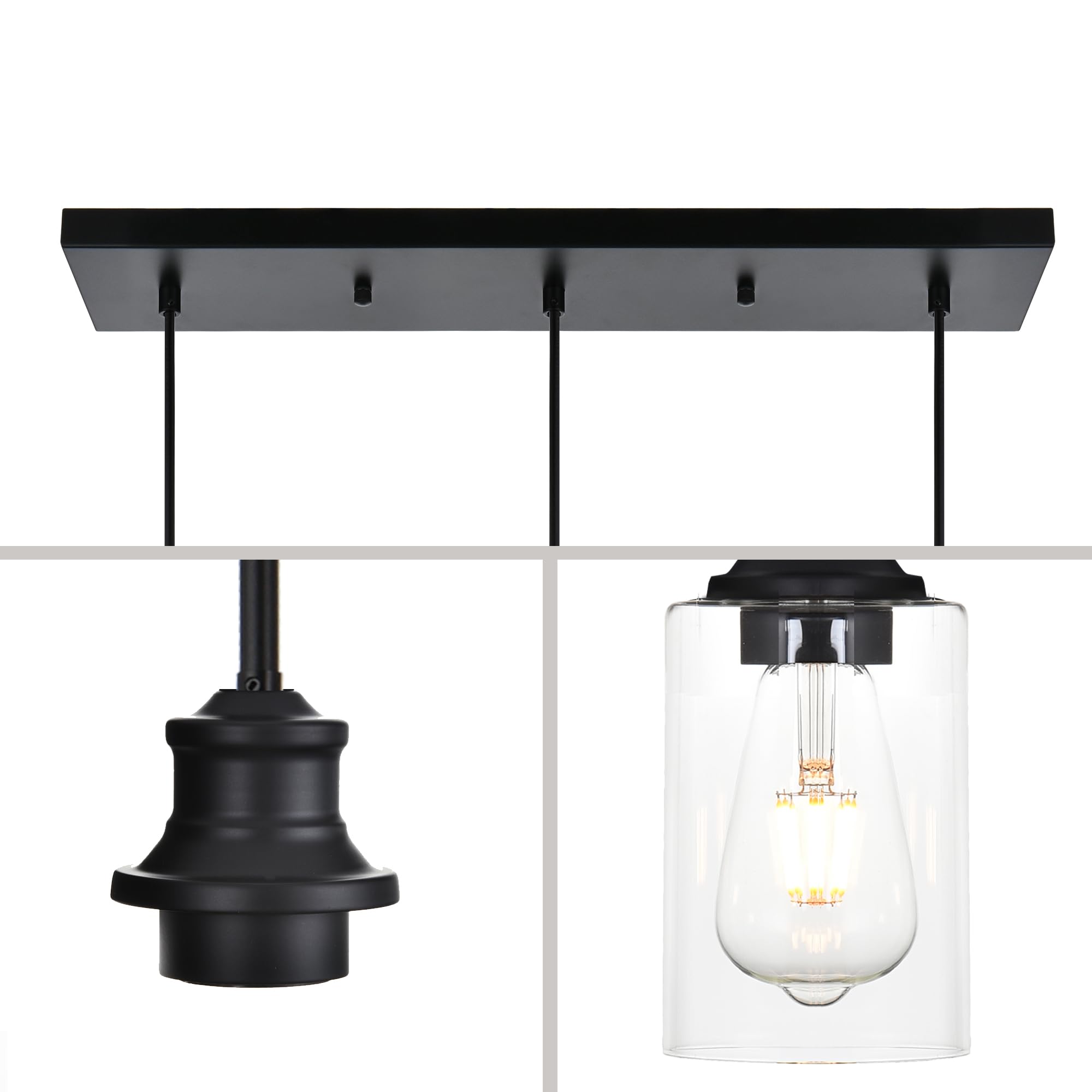 3-Light Kitchen Island Pendant Light Fixtures Hanging Black Farmhouse Pendant Lighting Cluster with Clear Glass Shade, Modern Industrial Linear Chandeliers Light for Dining Room Foyer Hallway