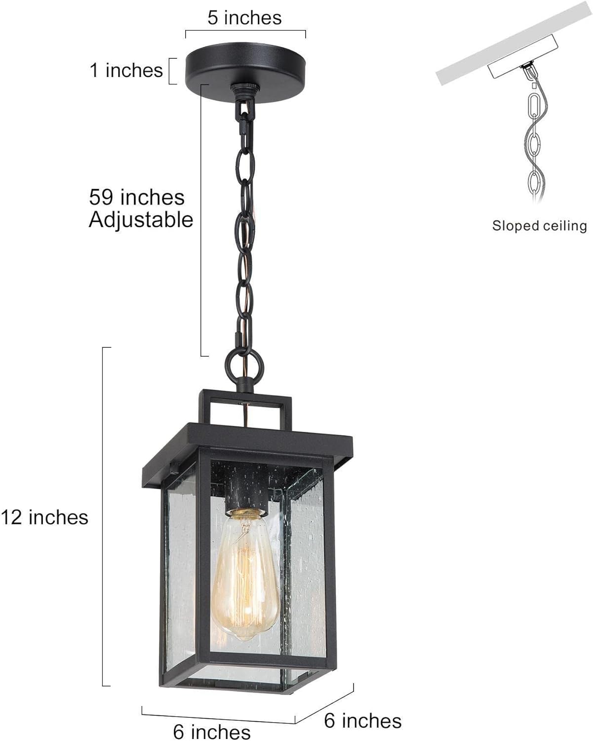 Outdoor Pendant Light Fixture, Exterior Hanging Lantern, 1-Light Outdoor Chandelier Lamp in Black Finish with Seeded Glass, Outdoor Ceiling Lantern for Porch, Patio, Gazebo, Hallway, Entryway