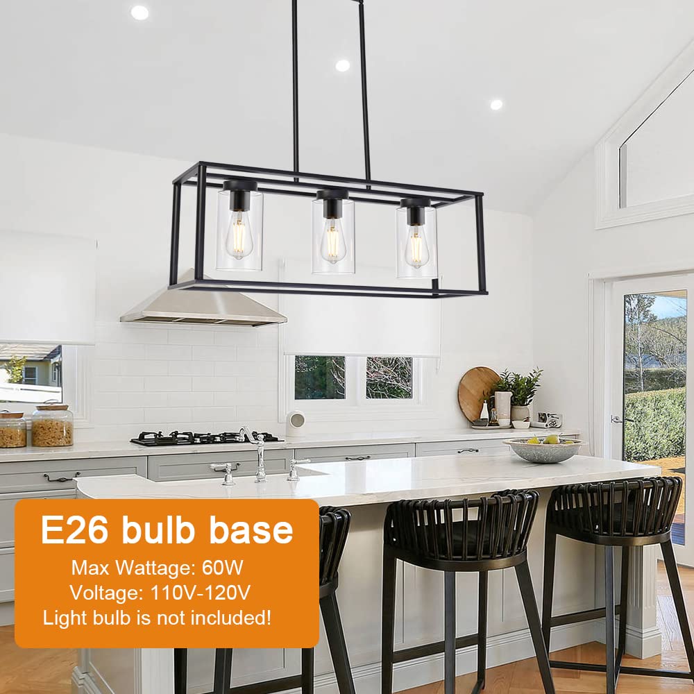 3-Light Industrial Metal Large Pendant Lighting Oil Rubbed Bronze Modern Linear Chandelier with Clear Glass Shades Farmhouse Rustic Ceiling Light Fixtures Hanging for Dining Room Kitchen Island