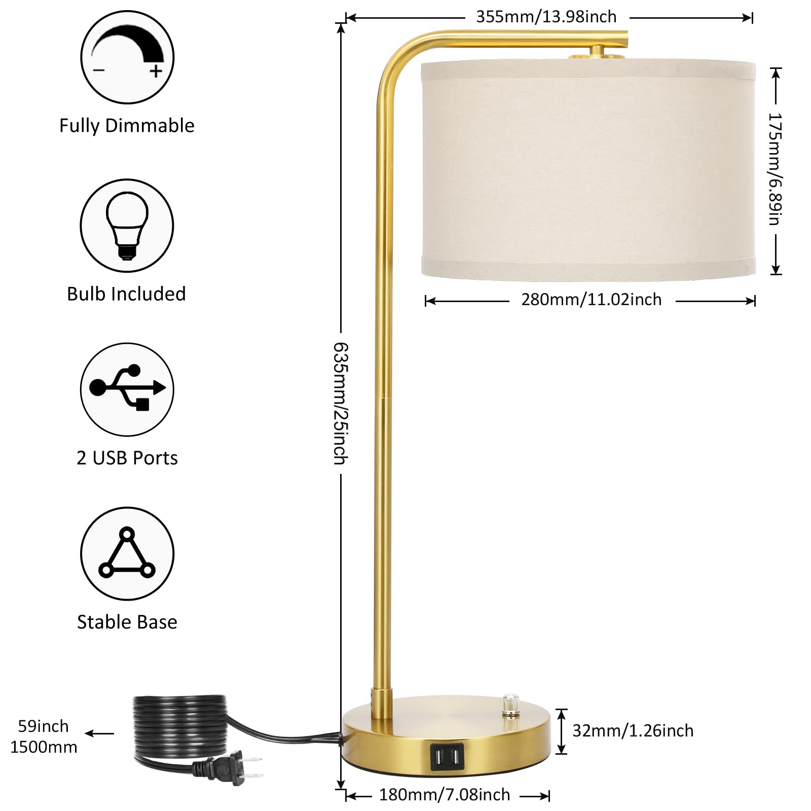 USB Bedside Lamp, Industrial Side Table Lamp with Dual USB Charging Ports, Fully Dimmable Nightstand Lamp, Tall Reading Lamp Desk Lamp for Bedroom, Living Room, Office, 9W LED Bulb Included