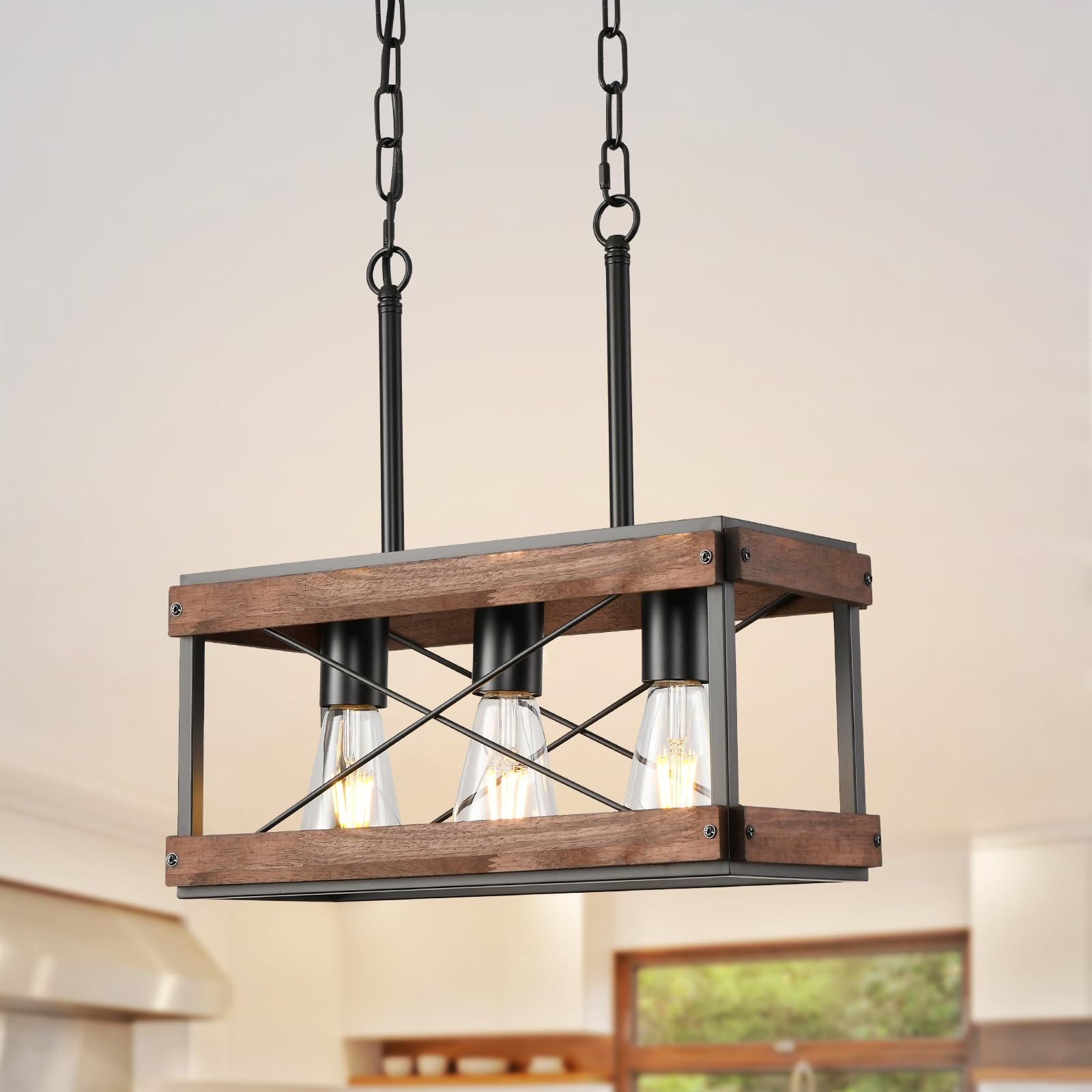 Farmhouse Kitchen Island Light, 3 Lights Pendant Lighting Fixture, Rustic Wood Chandelier, Adjustable Height Metal Linear Light for Dining Room Kitchen Bar Pool Table.