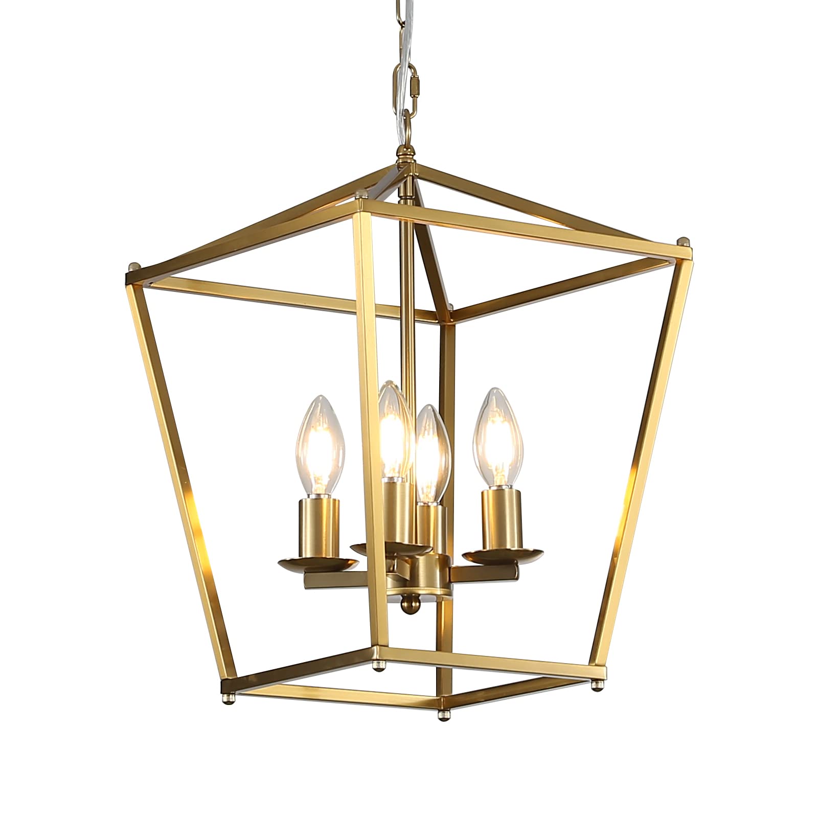 Gold Pendant Light for Dining Room, Lantern Chandelier Light Fixture 4 Lights for Kitchen Island Adjustable Brass Geometric Hanging Light for Foyer Entryway