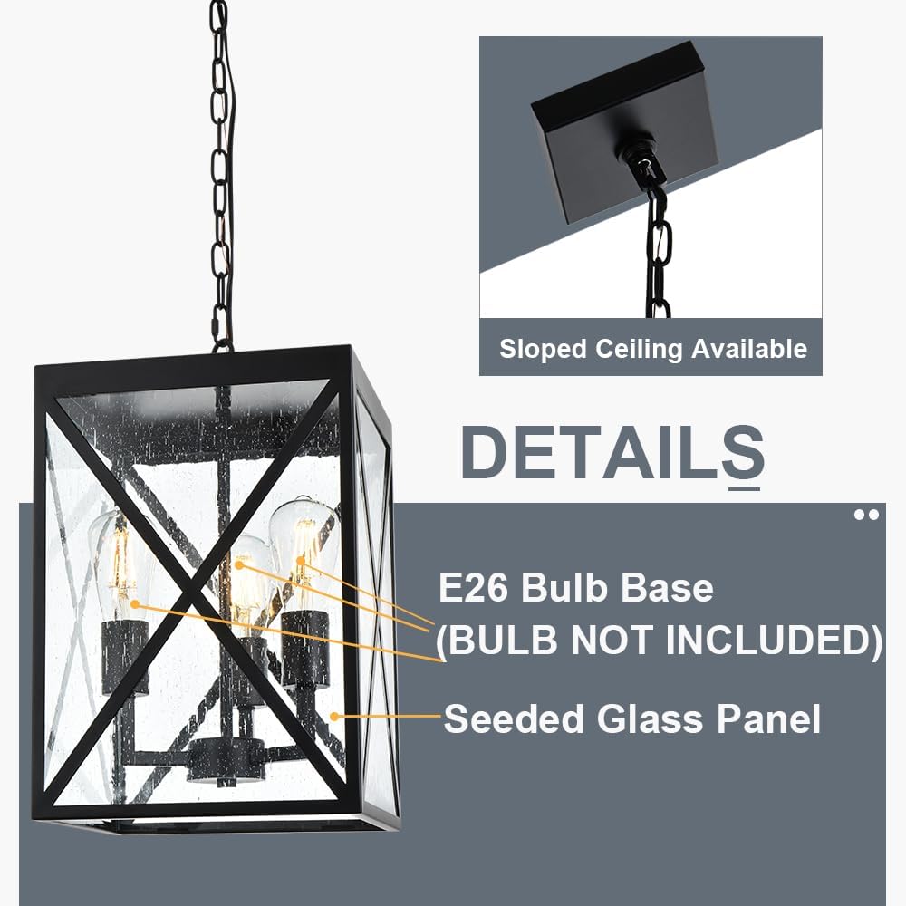 Large Outdoor Pendant Light, Black Exterior Ceiling Porch Light with Seeded Glass Panel, Outdoor Chandelier Hanging Lantern for Garage Entryway Patio Front Door