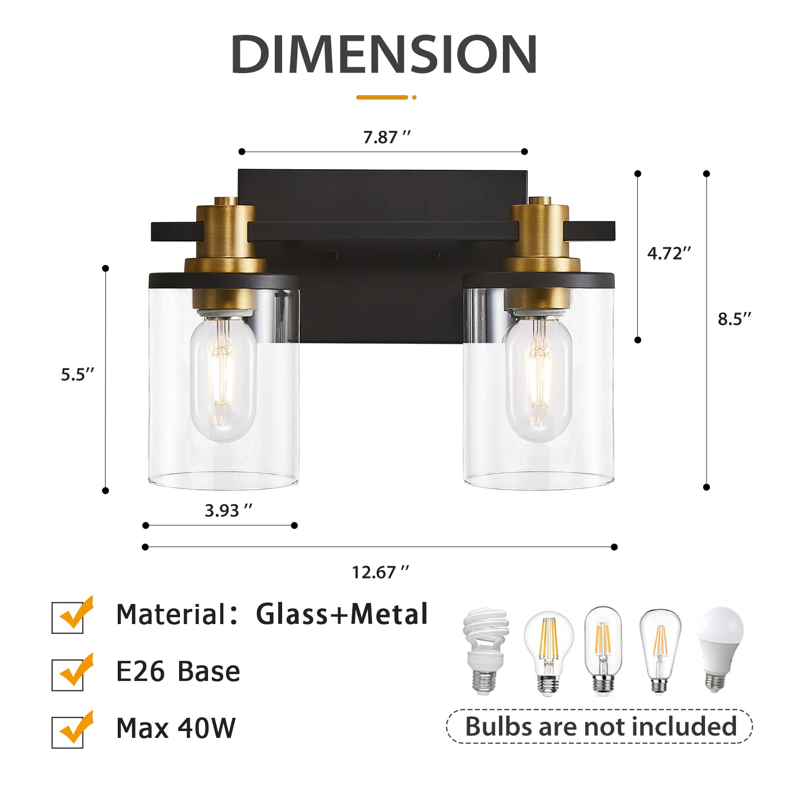 3 Light Bathroom Vanity Light, Black and Gold Bathroom Light Fixtures with Clear Glass Shade, Matte Black Finish, Brushed Gold Copper Accent Socket, Modern Gold Vanity Lights for Bathroom Over Mirror