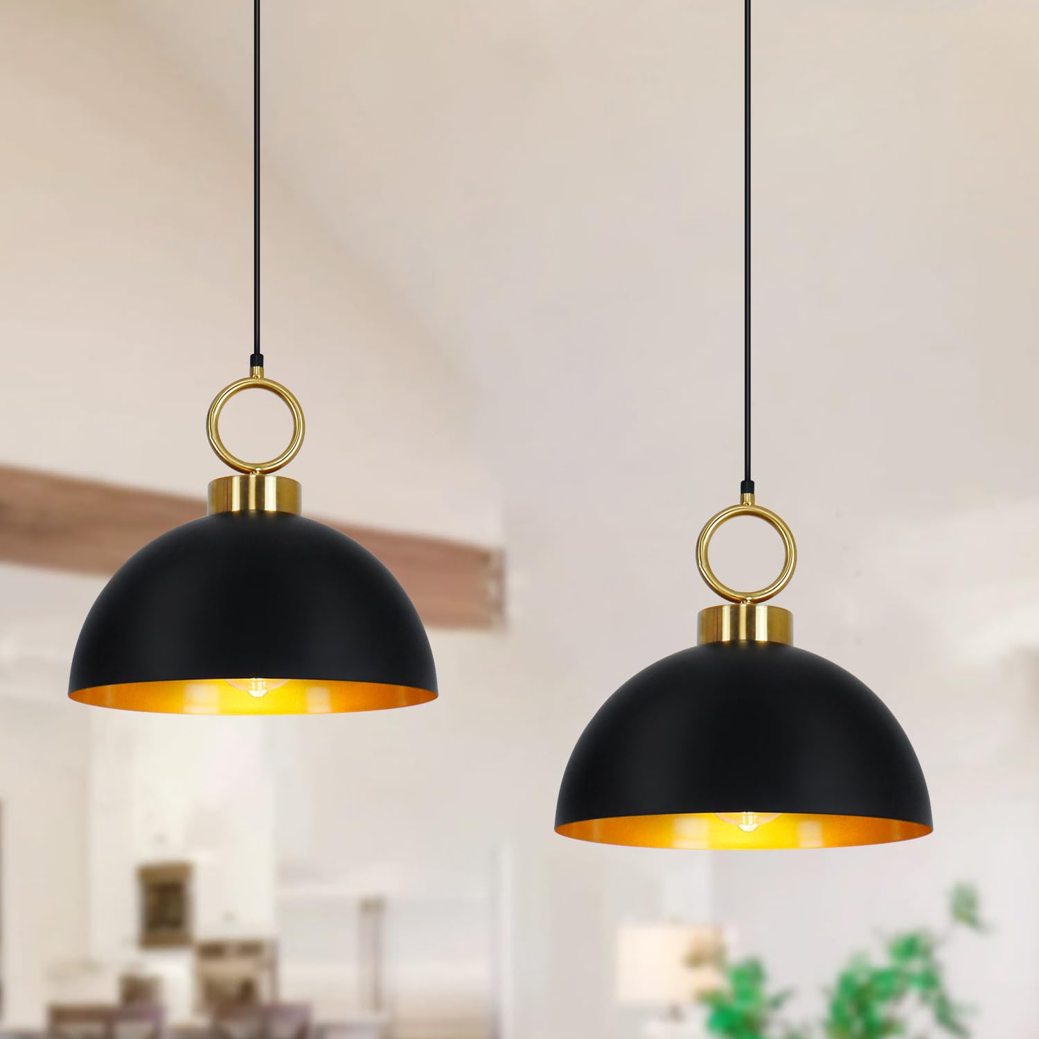 Black and Gold Dome Pendant Light Fixture for Kitchen Island, Farmhouse Pendant Lighting 11.8" Industrial Hanging Lamp Vintage Metal Chandelier for Dining Room Hallway Cafe Sink Foyer, 2 Pack