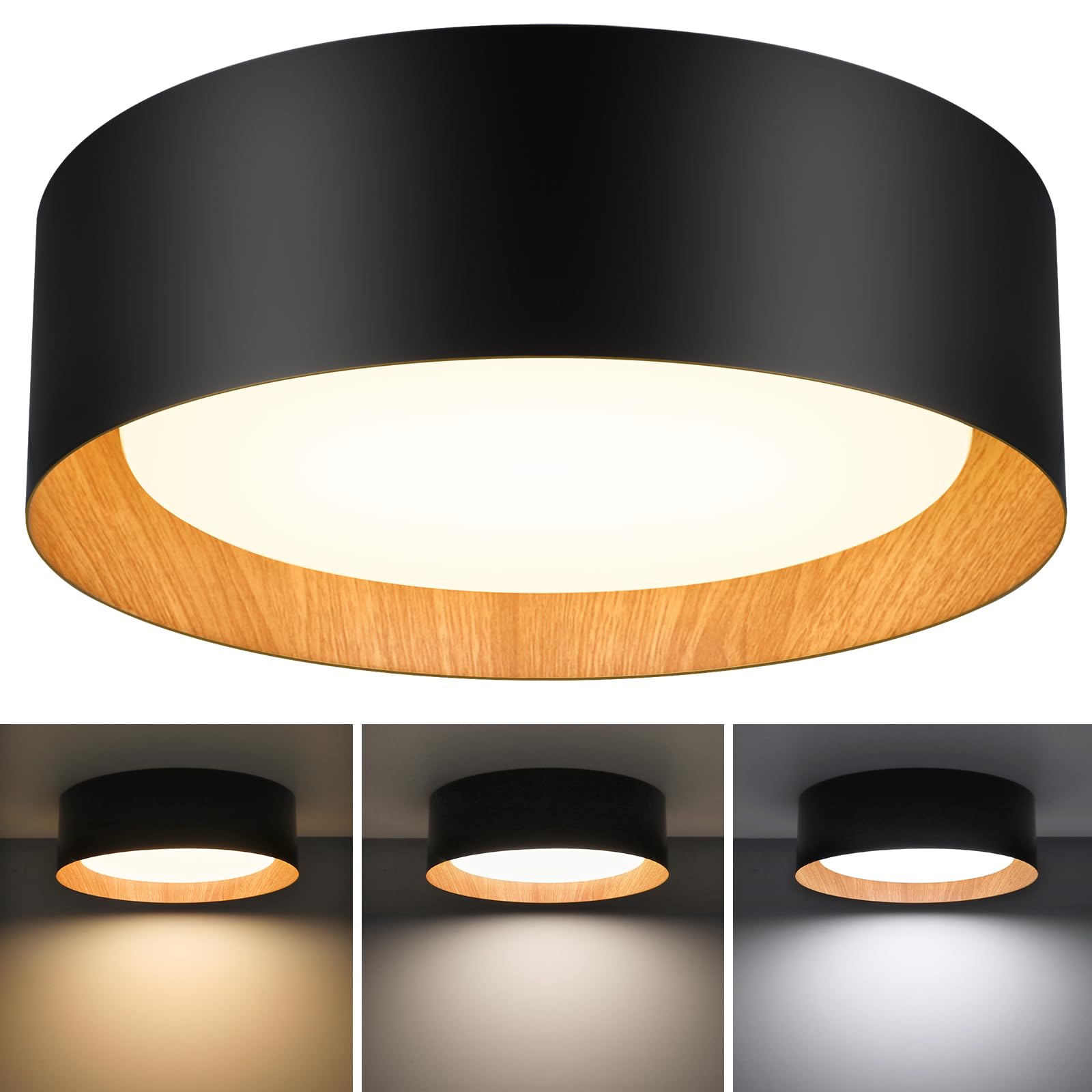 Flush Mount Ceiling Light, 13in 25W(250W Equiv) 2400LM, LED Ceiling Light Fixture 3 Colors 3000K 4000K 5000K, Dimmable Black and Gold Modern Flush Mount Light for Bedroom Bathroom Hallway Kitchen