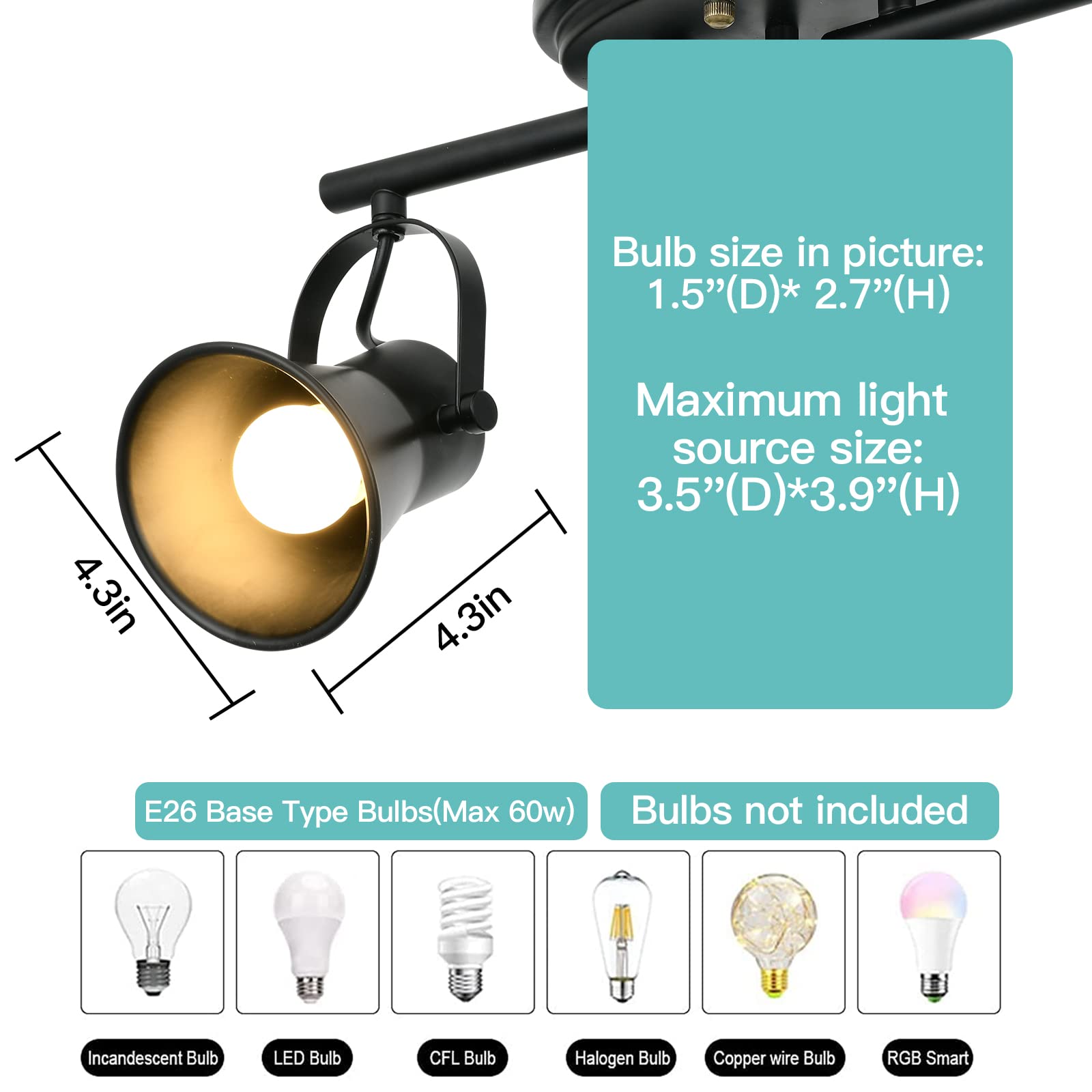 4-Light Track Lighting Kit, Directional Ceiling Light, Industrial Black Kitchen Track Lighting Fixtures Ceiling for Kitchen, Living Room, Dining Room, Hallway.