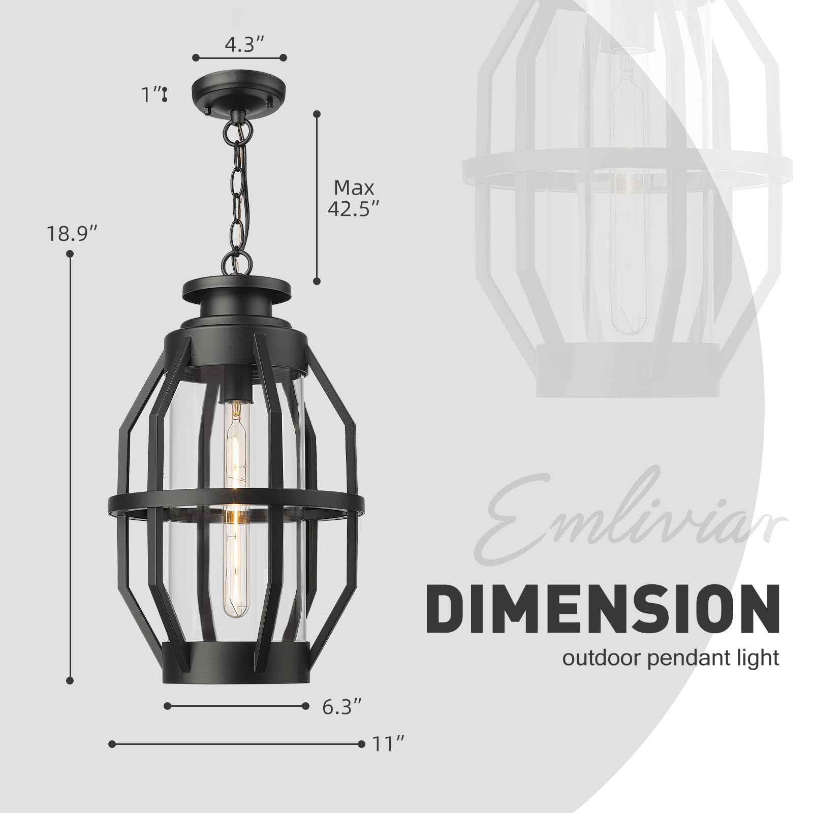 19 Inch Outdoor Pendant Light with Clear Glass, Large Modern Outdoor Hanging Porch Light, Black Finish, WE274H-L BK