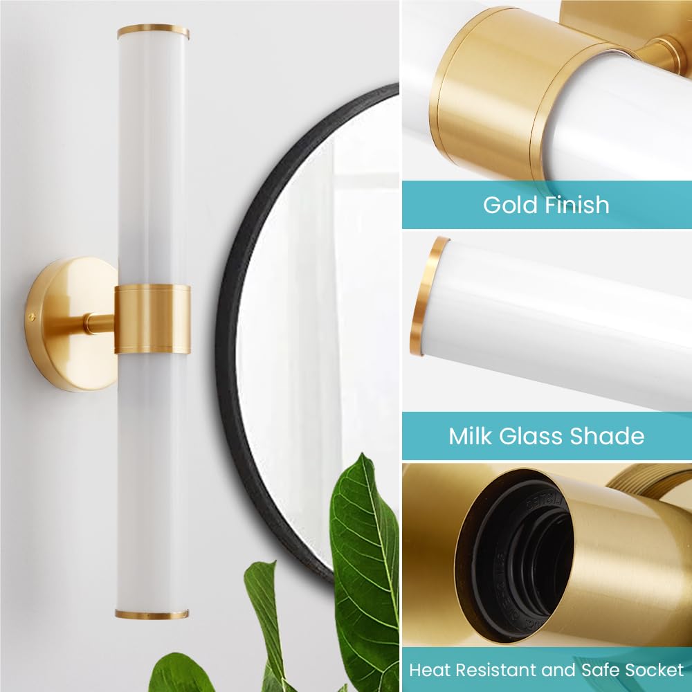 Gold Wall Sconce, Bathroom Light Fixtures in Clear Glass Indoor Wall Sconces, Modern Sconce Wall Lighting Up and Down Vanity Lights Fixtures for Bathroom,Living Room,Hallway, Kitchen