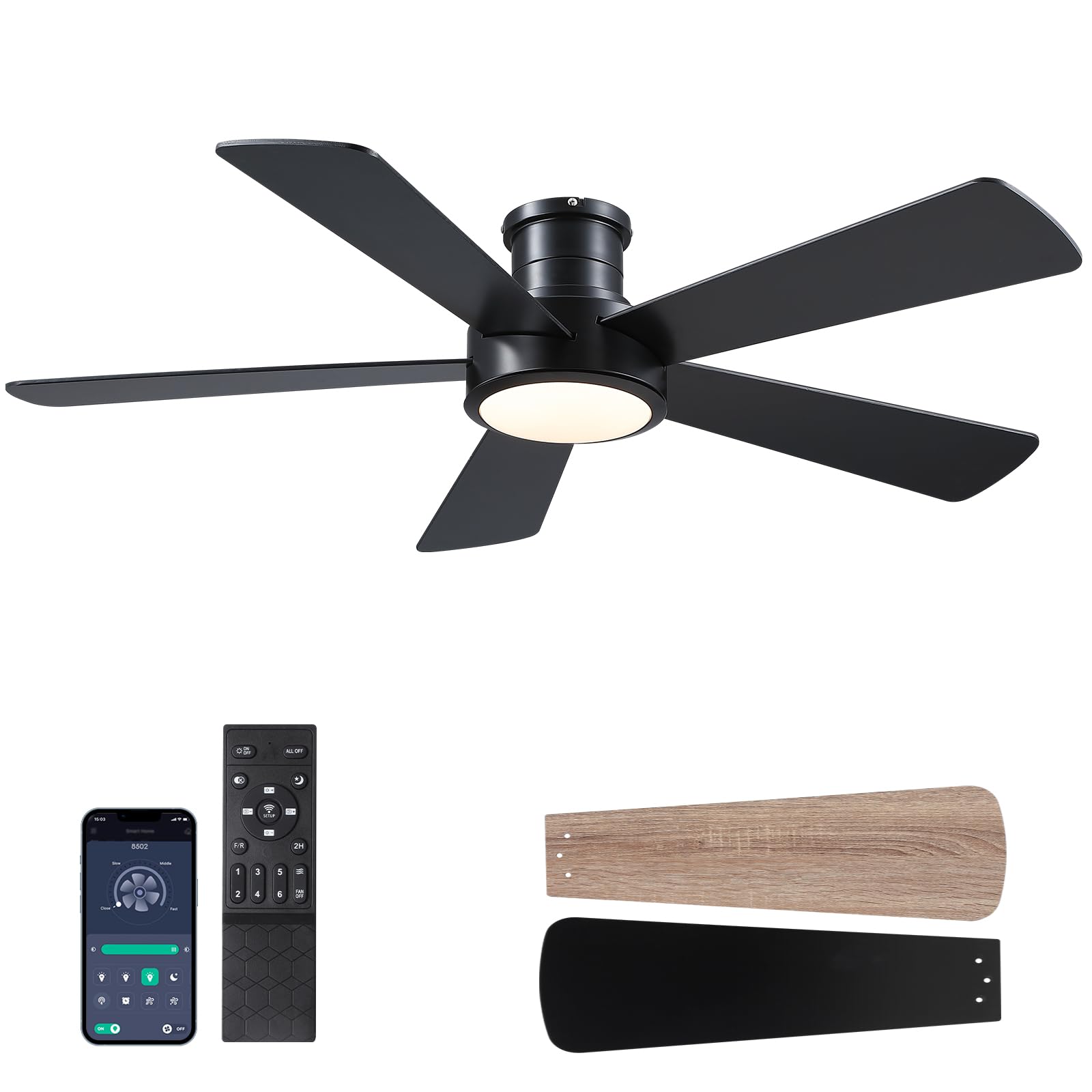 40 inch Modern Ceiling Fans with Lights Remote/APP Control, Low Profile Reversible Ceiling Fans Flush Mount 6 Speeds Ceiling fan Light for Patio Kitchen Bedroom, Black