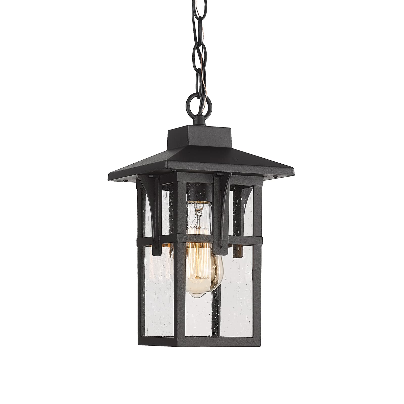 Outdoor Pendant Lights for Porch, HWH Exterior Hanging Porch Light, Farmhouse Outdoor Pendant Lighting with Height Adjustable Chain, Seeded Glass Shade, Matte Black Finish with Gold Edge, 5HX62H BG