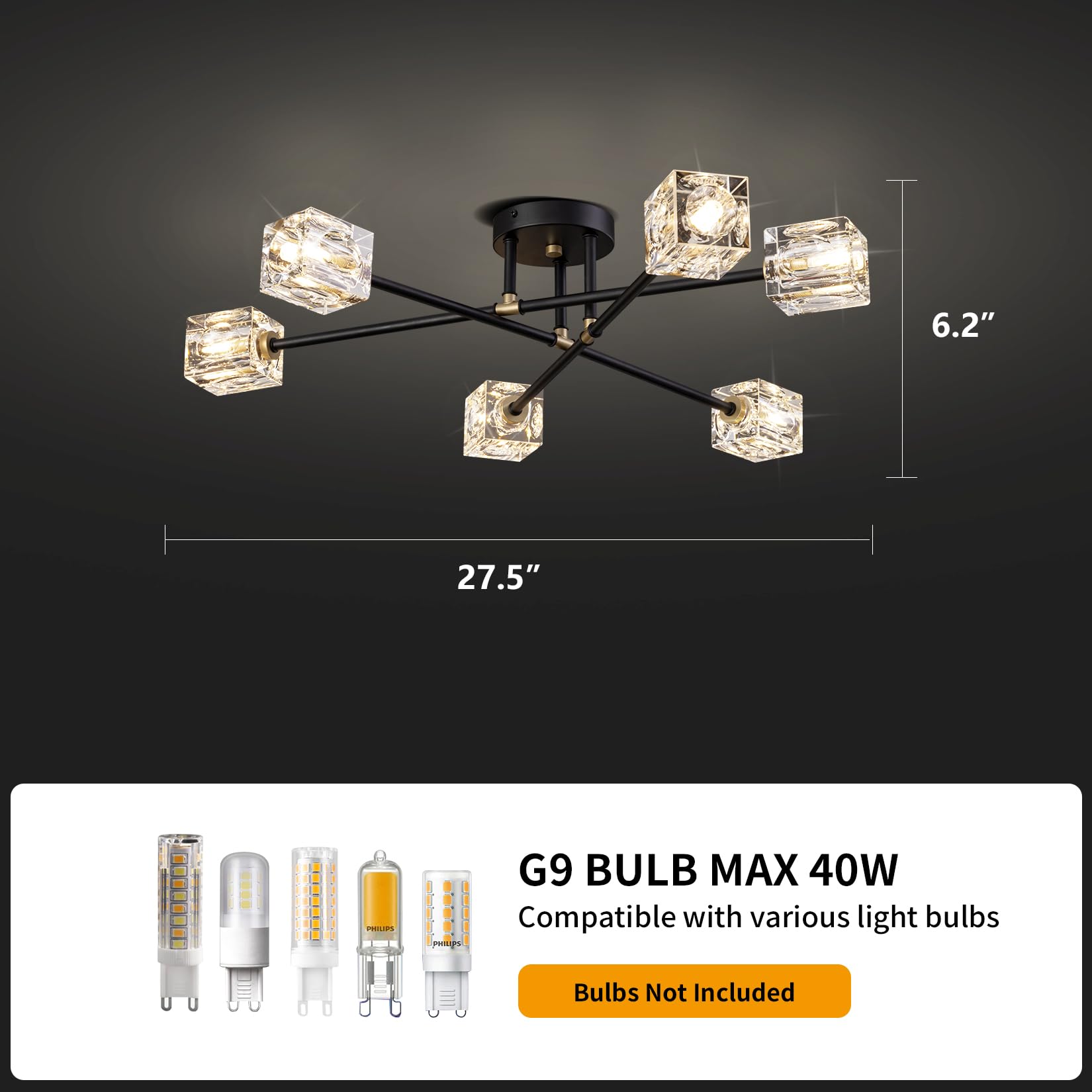 Semi Flush Mount Ceiling Light Fixture Modern 6 Lights Gold Crystal Chandelier,Brushed Nickel Sputnik Chandeliers for Hallway Entryway Bedroom Dining Room Farmhouse Kitchen Office