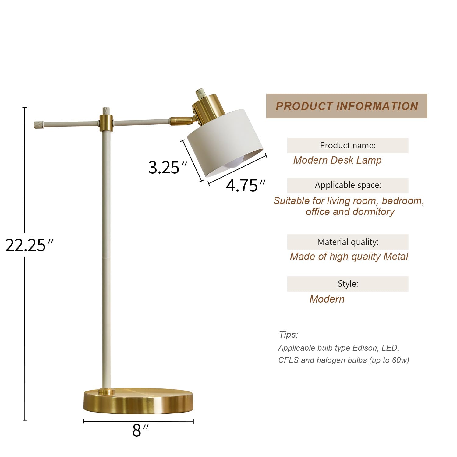 OYEARS 22.2“ Modern Industrial Desk Lamp for Reading LED Metal Table Lamp Light for Office Bedroom Study Room Living Room Nightstand Bedside Lamps Gold and Matte Black Accent Finish (Bulb Included)