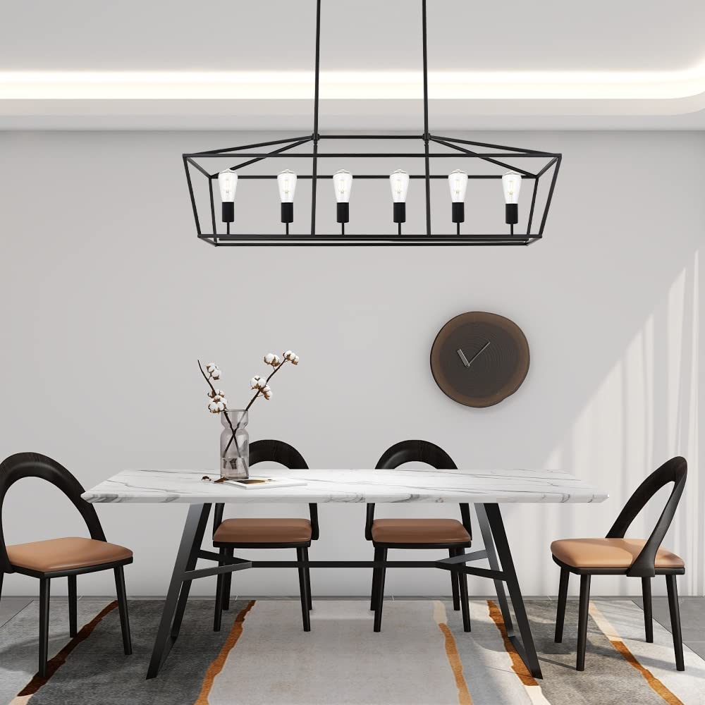 Modern 4 Light Farmhouse Chandelier Gold Linear Kitchen Island Pendant Light Traditional Rectangular Dining Room Lighting Fixture Hanging Metal Cage Pendant Lamp for Hallway Foyer