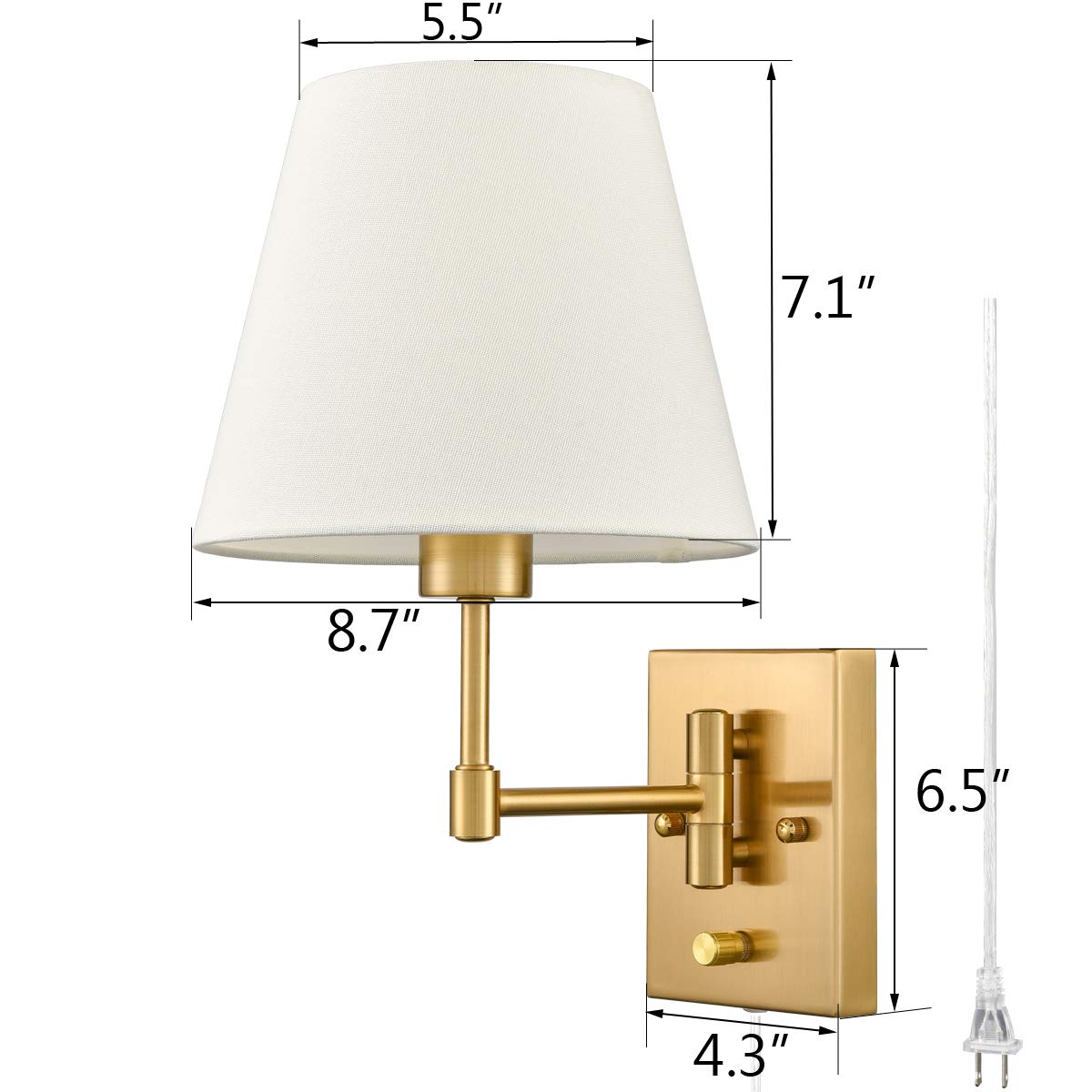 Gold Plug-in Wall Sconces Set of Two Beige Shade Brass Swing Arm Wall Lamp with Plug-in Cord Wall Mount Reading Light for Bedroom Living Room