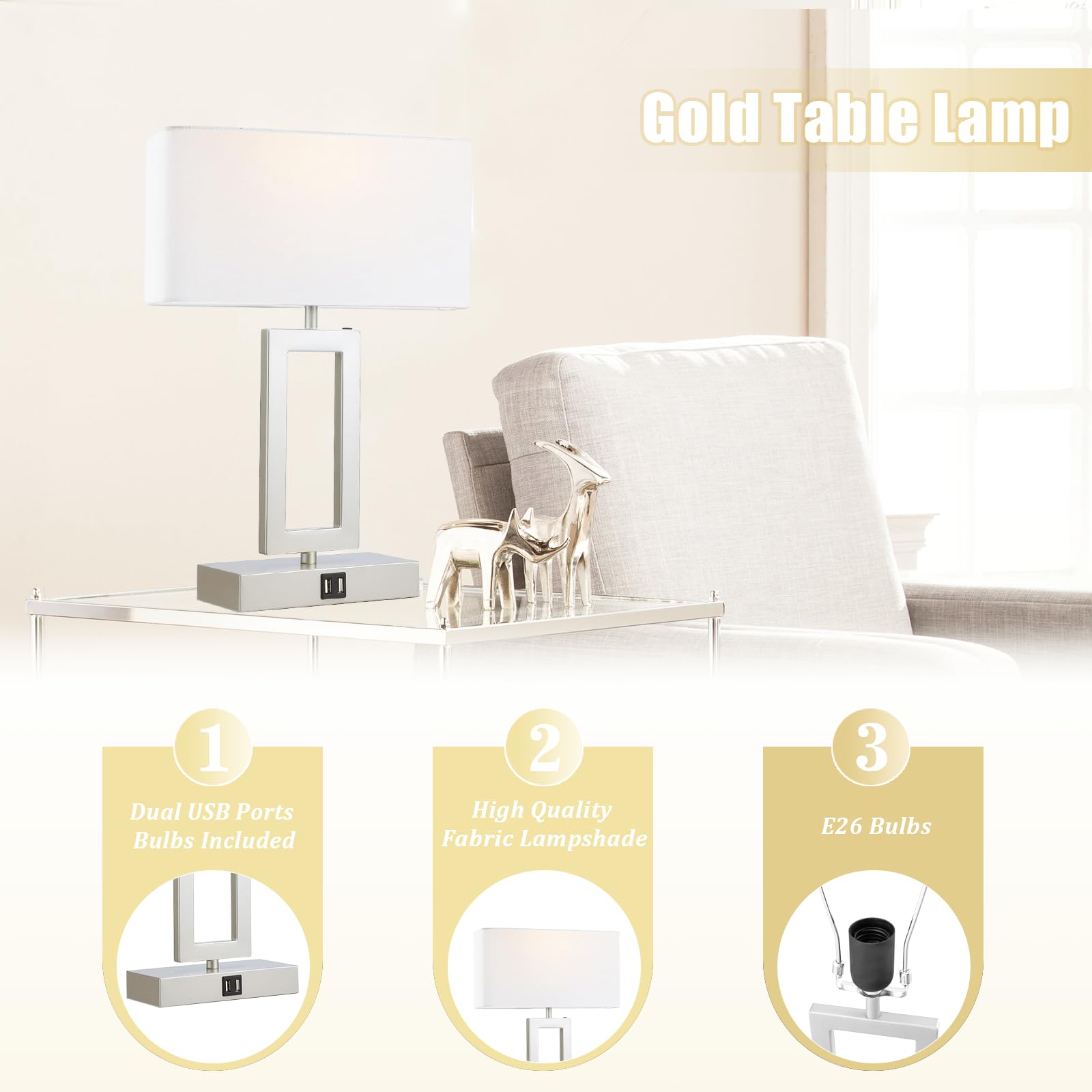 Silver Table Lamps Set of 2 with Dual USB Ports,3-Way Dimmable Touch Control Bedside Lamps,Modern Bedroom Table Lamp for Living Room,Nightstand LED Bulbs Included