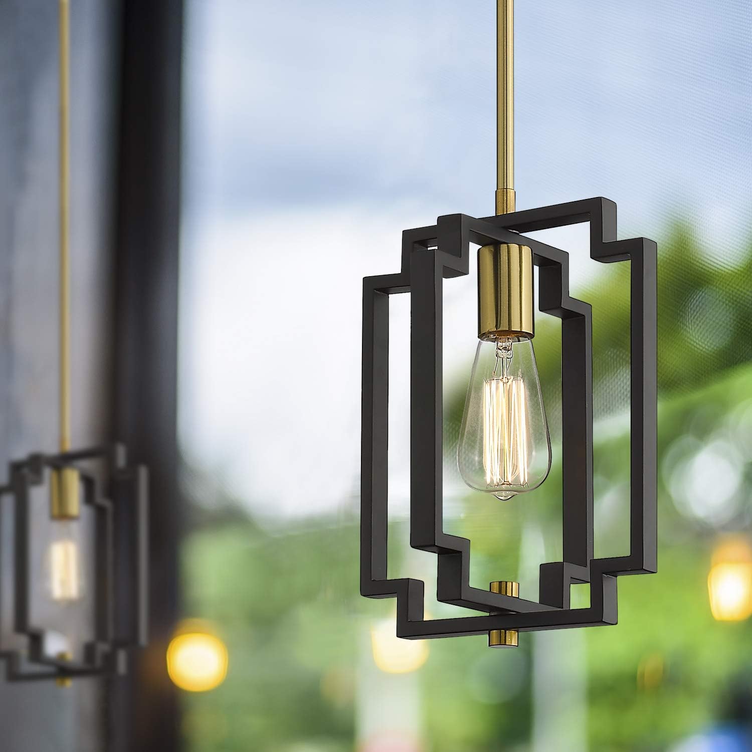 Industrial Pendant Light, 1-Light Kitchen Hanging Light Fixture Adjustable, Black and Gold Finish, JE1981M1L BK+G