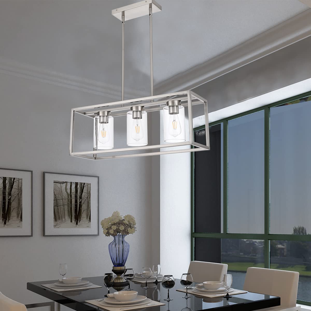 Farmhouse Chandelier for Kitchen Island, Matte Black 5-Light Dining Room Lighting Fixtures, Modern Rectangular Pendant Lighting Chandelier with Clear Glass Shade