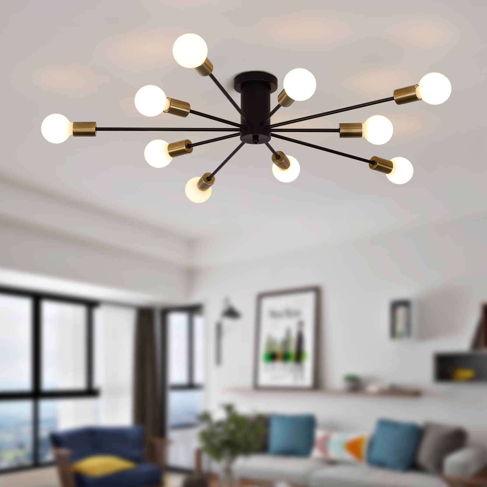 10 Lights Modern Sputnik Ceiling Chandelier Gold Industrial Ceiling Lamp Mid Century Semi Flush Mount Ceiling Light Fixture for Kitchen Dining Room Living Room Bedroom Foyer Lighting