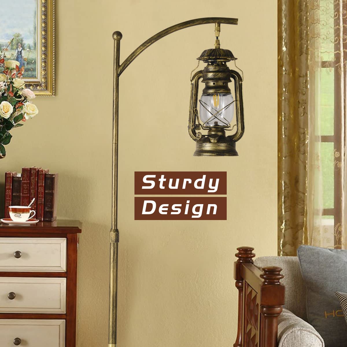 Farmhouse Adjustable Floor Lamps with Tray Lantern Tall Standing lamp for Bedroom Home Decor for Office Cafe Den Living Room Bedroom, On/Off Foot Switch and Brushed Rustic (Bronze)