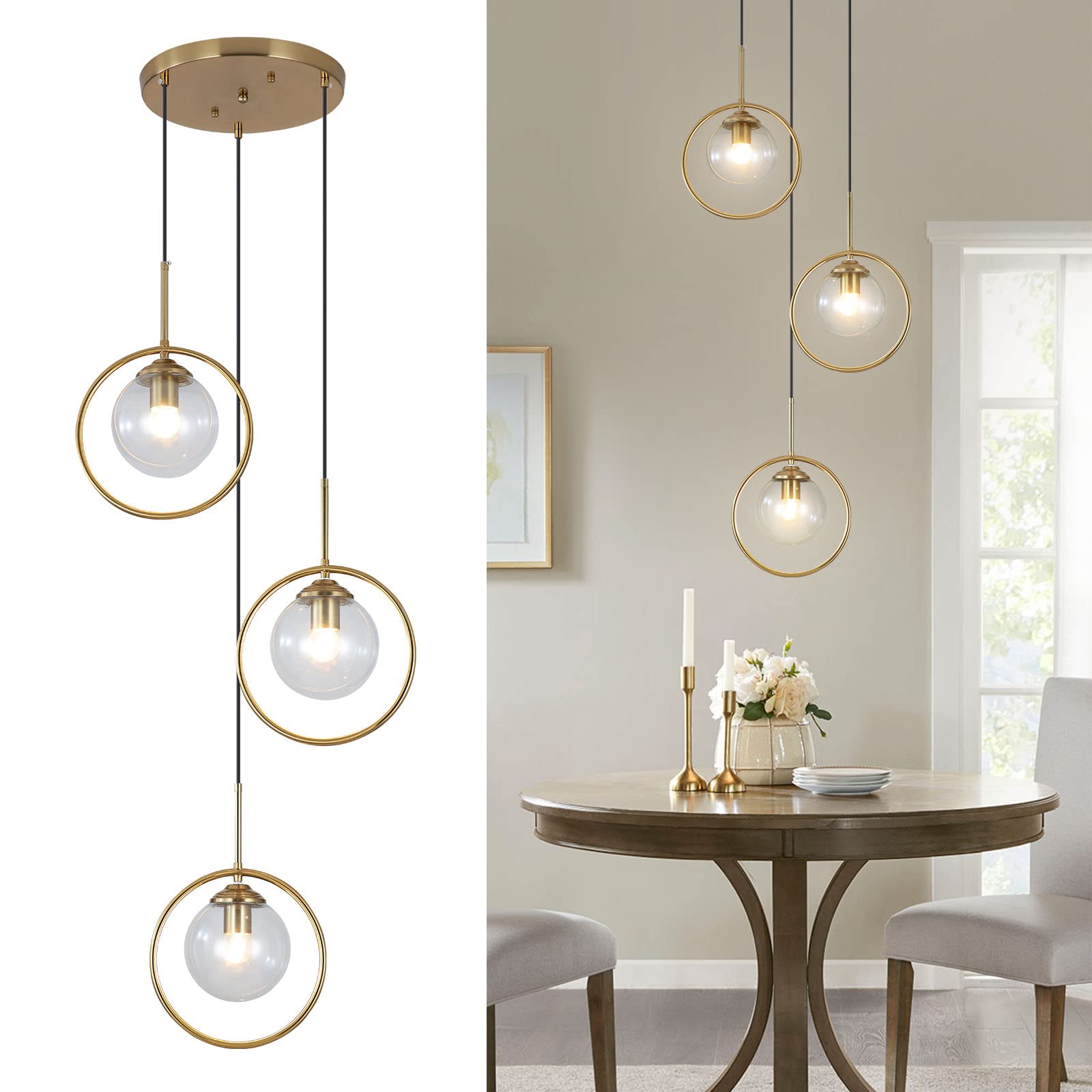 3 Light Pendant Lighting Modern Amber Glass Pendant Light Adjustable Hanging Pendant Lights Ceiling Lighting Fixture for Kitchen Dining Room Living Room Foyer Hallway