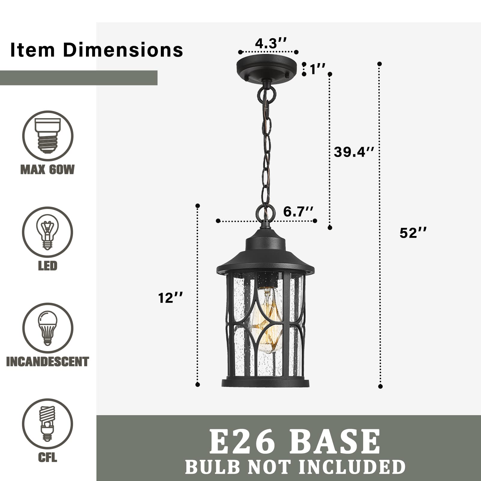 Outdoor Pendant Light for Porch - 12 Inch Farmhouse Exterior Hanging Lantern with Seeded Glass, Black Finish, ZX48H BK