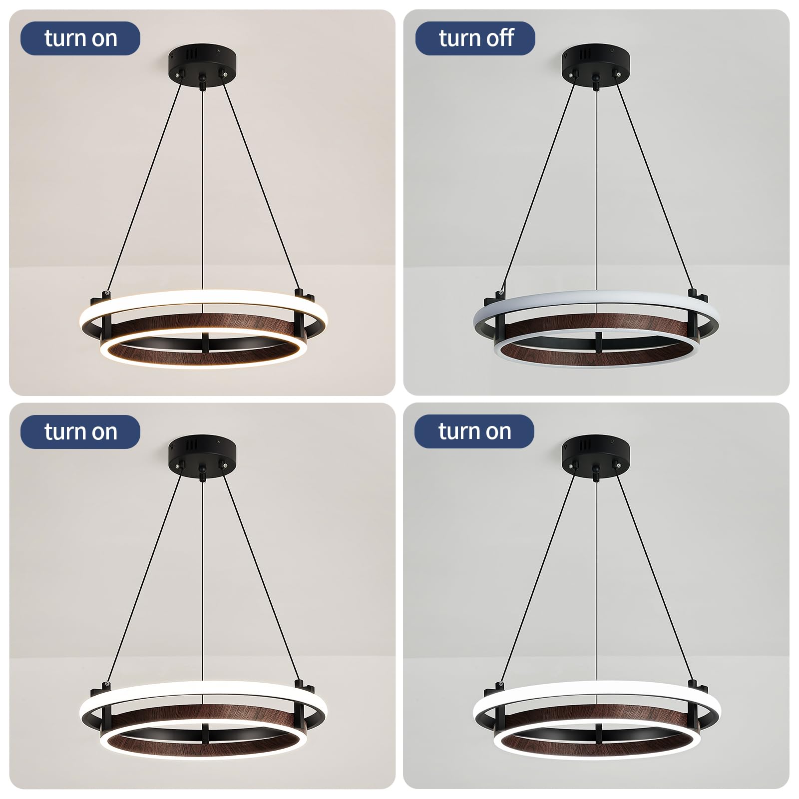 Modern LED Pendant Light 2 Ring Contemporary Chandelier Black and Wooden Hanging Light Fixture for Kitchen Table Dining Room Bedroom Entryway Living Room