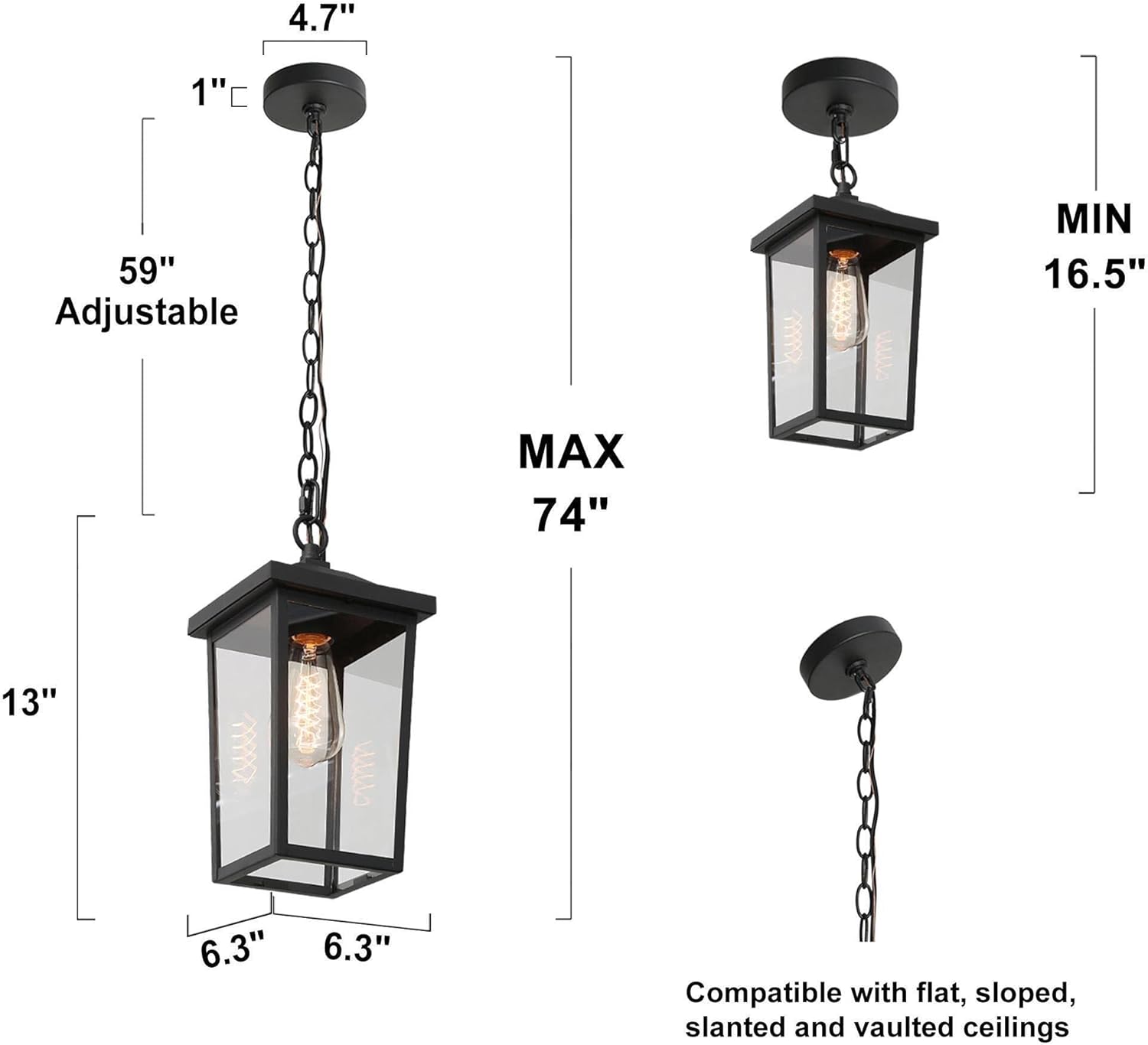 Outdoor Pendant Light Fixture, Farmhouse Exterior Hanging Lights with Adjustable Chain, Black Anti-Rust Ceiling Outdoor Light with Clear Glass, Hanging Lantern for Front Door, Entry, Porch, and Gazebo