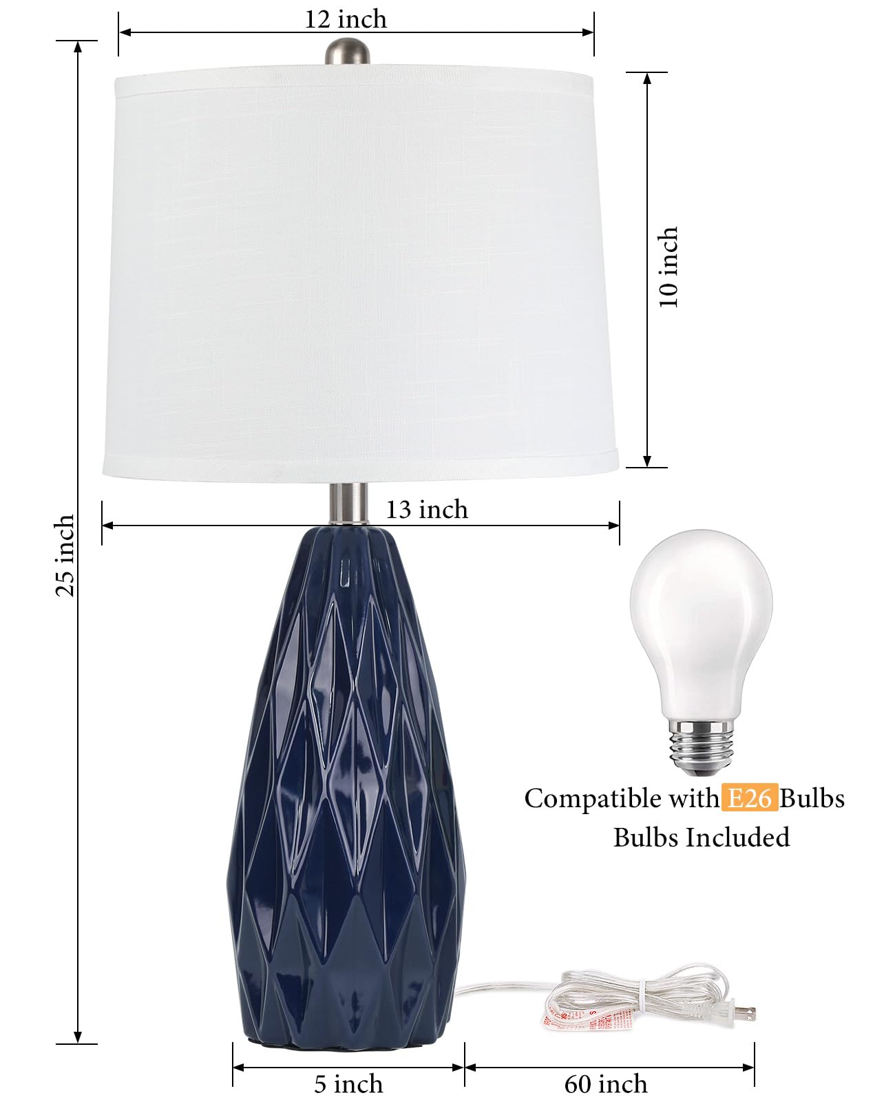 Table Lamp 25", Bedside Lamps for Bedroom Ceramic Desk Lamp White Lamp for Living Room End Table Lamps | 3-Way Dimmable Tall Nightstand Lamps Modern Geometric Lamp for Farmhouse Office(Bulb Included)