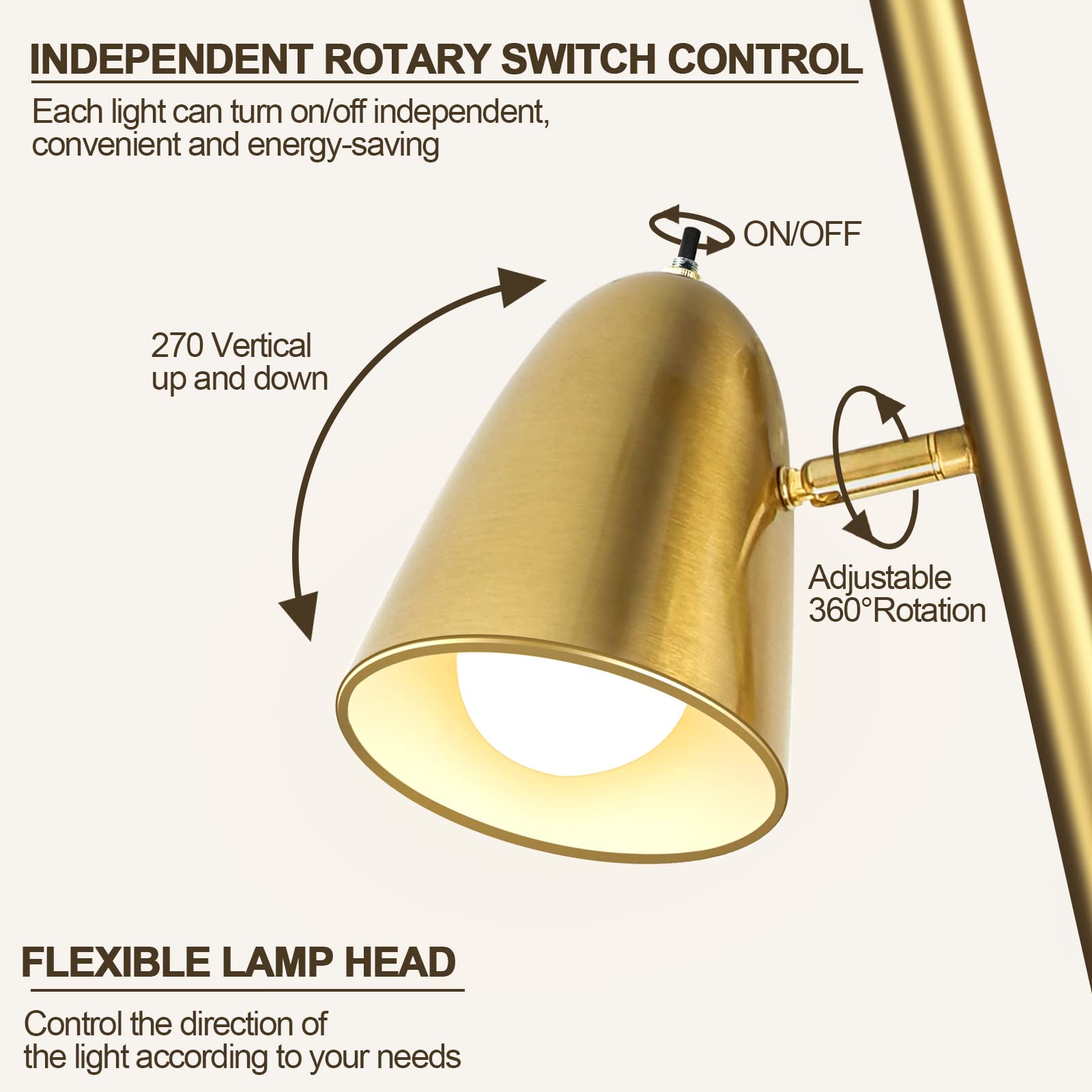 Tree Floor Lamp with 3 Light Bulbs, Standing Tall Pole Lamps for Living Room Bedroom Office, Reading Stand up Lamps with 3 Adjustable Arms, Brushed Gold