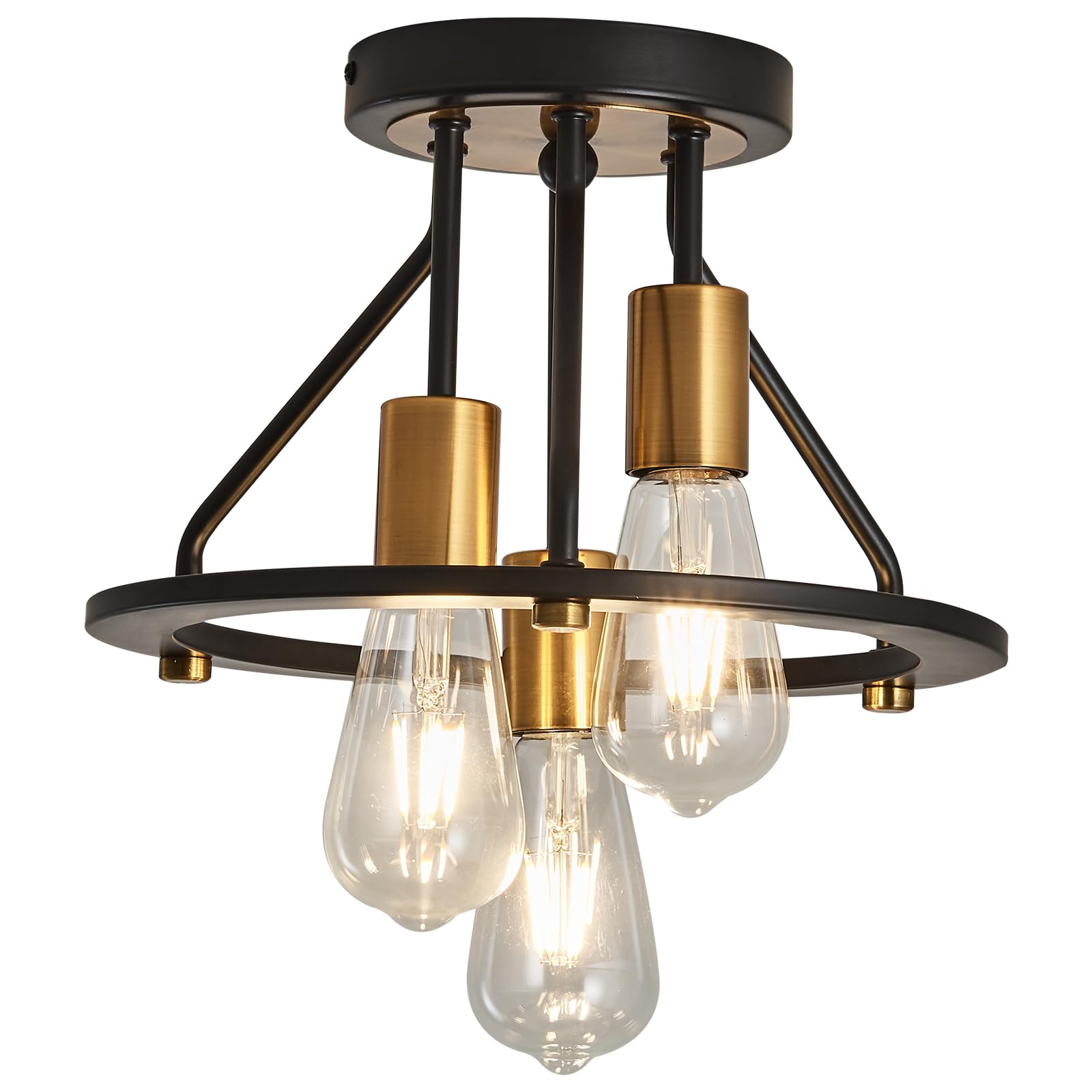 Industrial Semi Flush Mount Ceiling Light Fixture 3-Light Matte Black and Gold Chandelier E26 Farmhouse Ceiling Lamp for Entryway Hallway Bedroom Passway Balcony