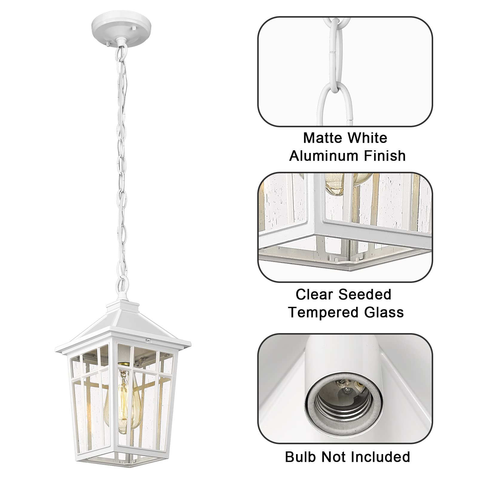 Outdoor Pendant Light Fixture, Outdoor Hanging Light Porch Lights Fixtures Anti-Rust Waterproof Aluminum with Seeded Glass for Porch Entryway Doorway Farmhouse White