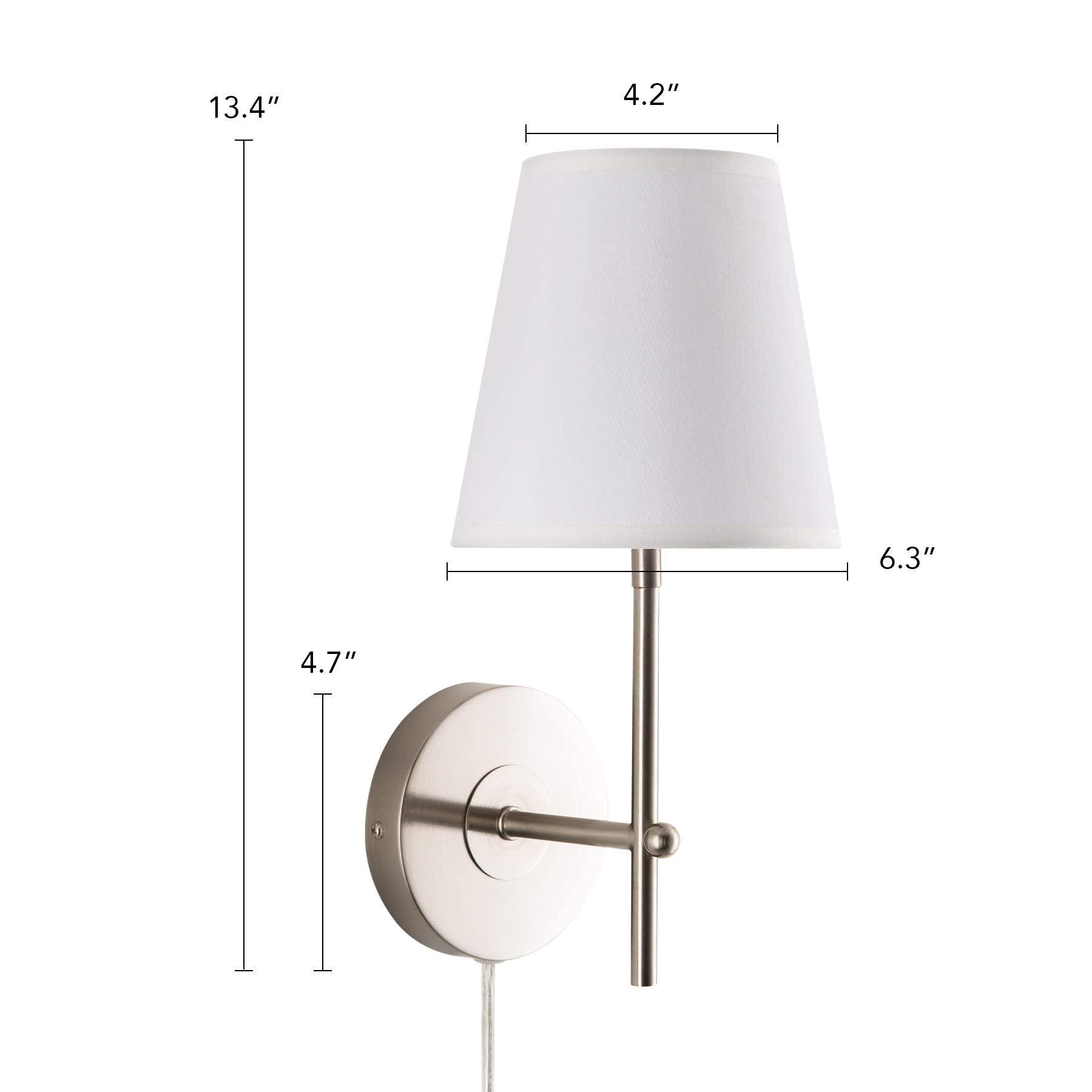 Modern Adjustable Swing Arm Wall Lamp Brushed Nickel, Plug-in Wall Sconce Lighting for Bedroom Bedside, Living Room, Kitchen, Hallway, Wall Mounted Light Fixtures with White Fabric Shade