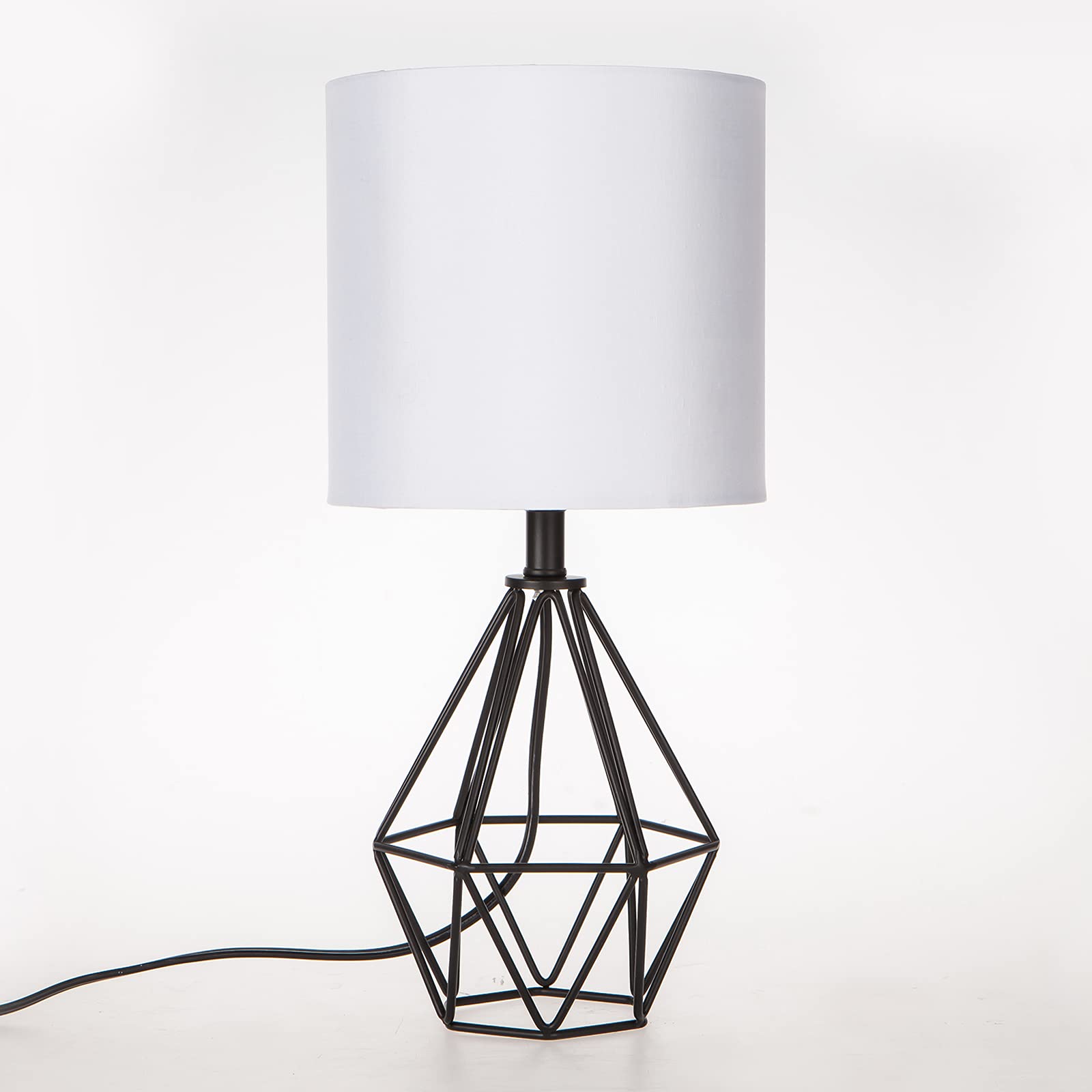 Gold Modern Hollow Out Base Bedroom Small Table Lamp,Bedside Nightstand Lamp with Geometric Metal Base White Fabric Shade,Cute Desk Lamp for Kids Living Room