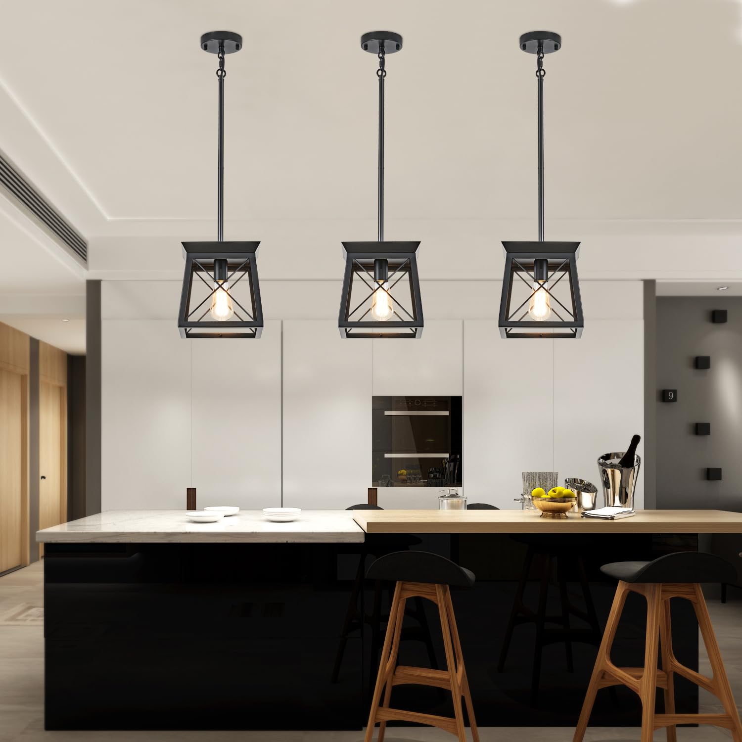 5-Light Farmhouse Pendant Light for Dining Room, Rustic Kitchen Island Lighting, Adjustable Height Chandeliers for Kitchen, Dining Room Table Black