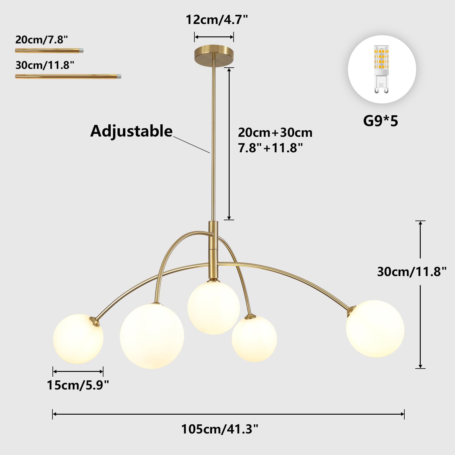 5 Light Modern Brass Chandelier Fixture White Clear Globe Glass Shade Pendant Light Gold Kitchen Ceiling Large Chandelier for Dining Room Kitchen Bedroom