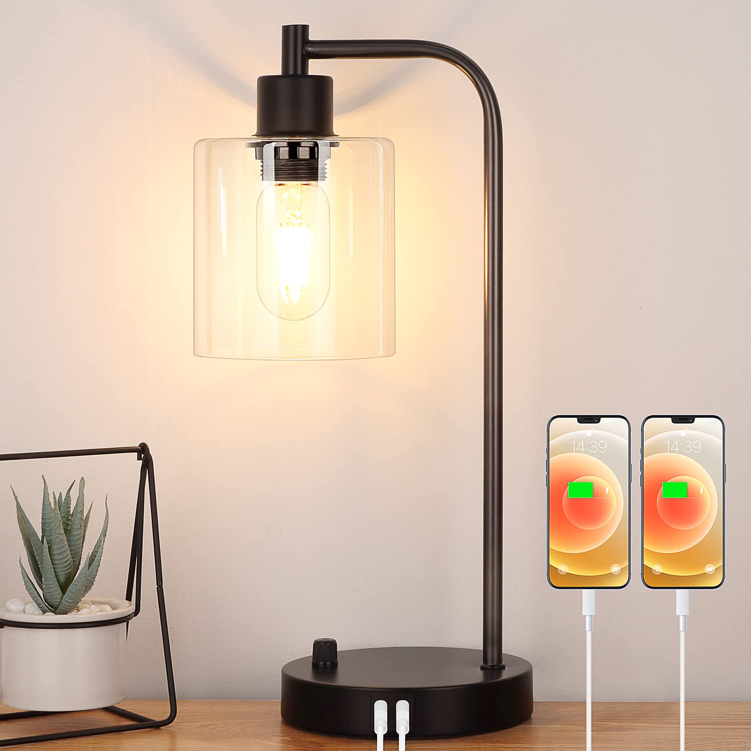 Industrial Table Lamp with 2 USB Charging Ports, Fully Stepless Dimmable Modern Nightstand Lamp, Glass Shade Bedside Desk Lamp for Bedroom Living Room Office, 6W 2700K LED Edison Bulb Included