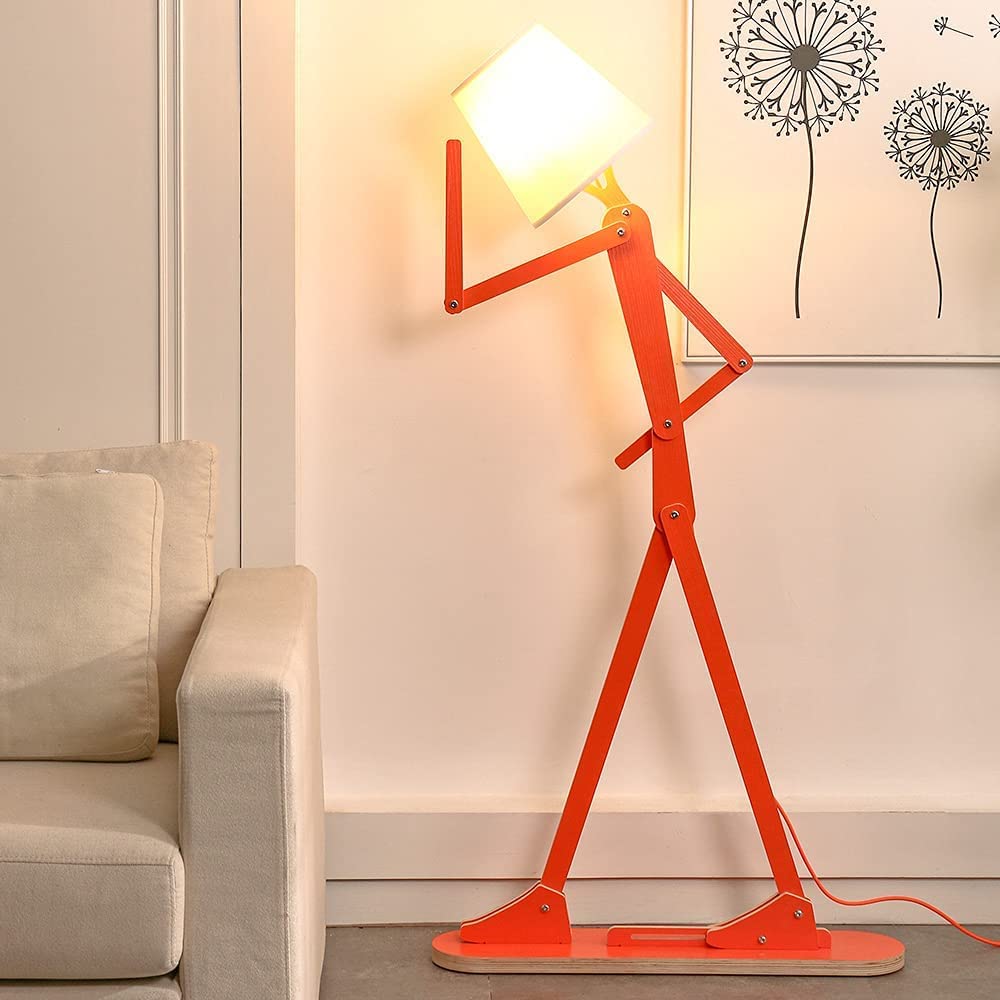 Creative Floor Lamps Wood Tall Decorative Corner Reading Standing Swing Arm Light for Living Room Bedroom Office Farmhouse Kids Boys Girls Gift - with LED Bulb (Orange)