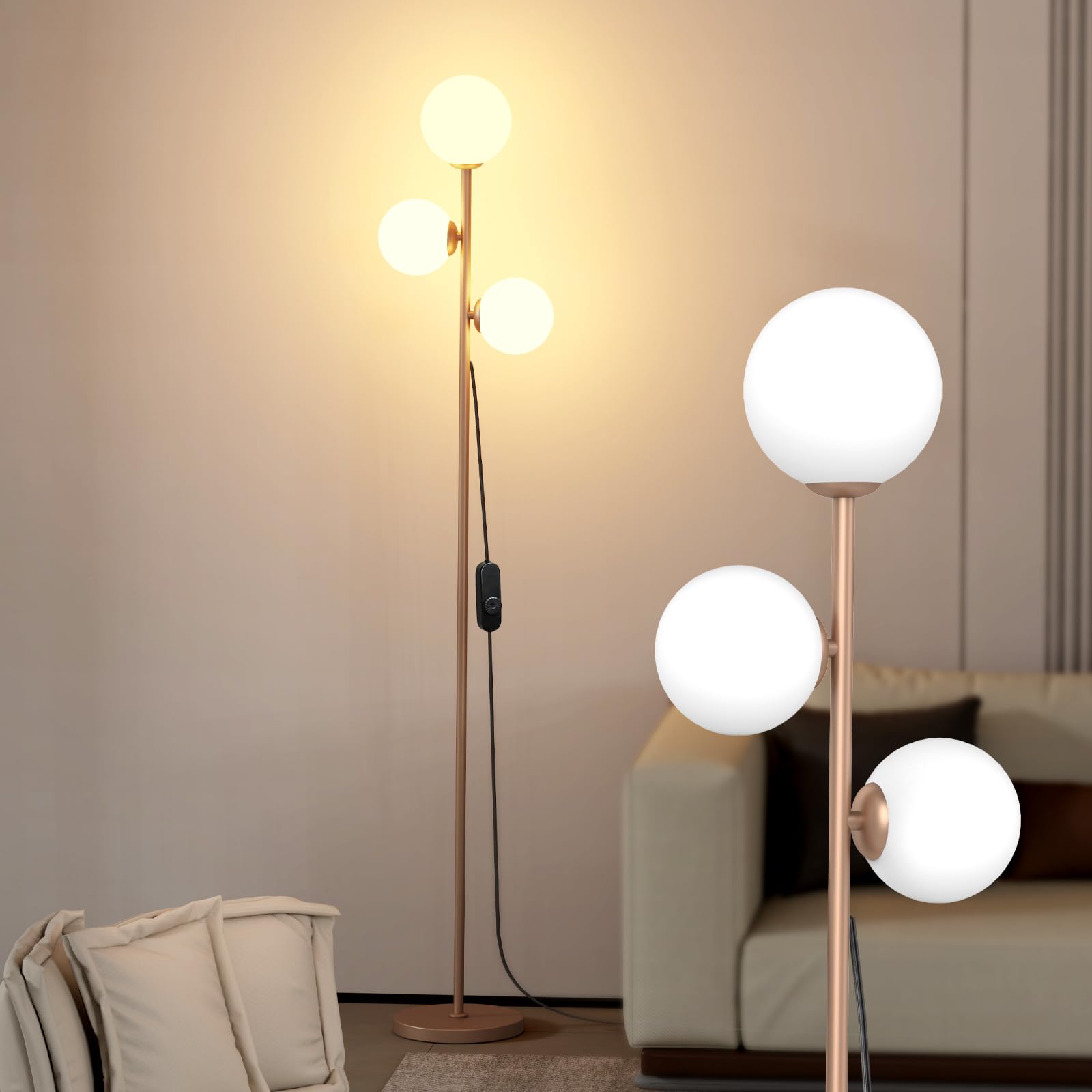 Mid Century Modern Floor Lamp for Living Room, 3 Globe Lights Tall Gold Standing Lamp with Frosted Glass Shades and Bulbs Included, Dimmable Vintage Floor Lamps for Bedroom Office Reading