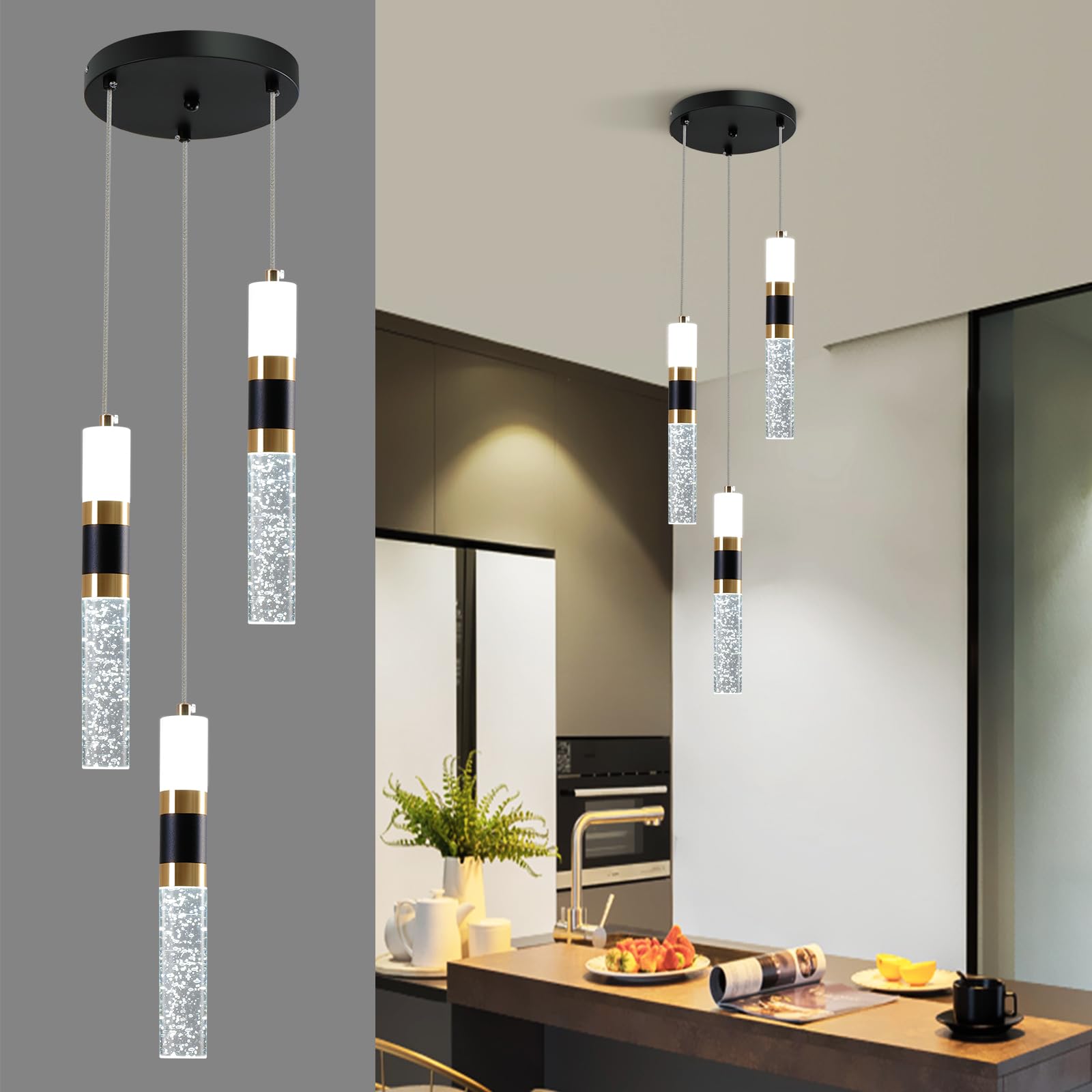 3-Light LED Pendant Lights Kitchen Island, 3-Light Cluster Pendant Lighting, Dimmable LED Modern Pendant Lights Kitchen Island, Pendant Lighting for Dining Room Table