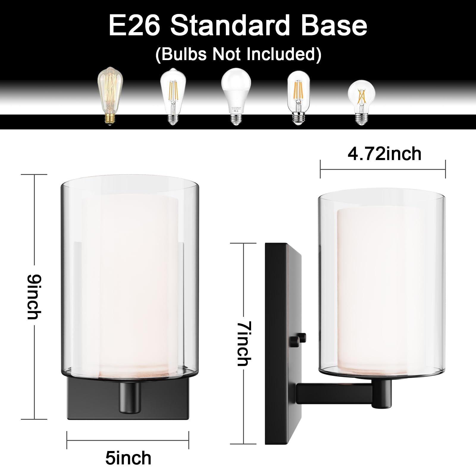 Wall Sconces Set of 2 Modern Vanity Lights with Double Clear Glass Shade Matte Black Indoor Farmhouse Wall Lights for Bathroom Living Room Bedroom Hallway Bulb E26 Base (Bulbs Not Included)