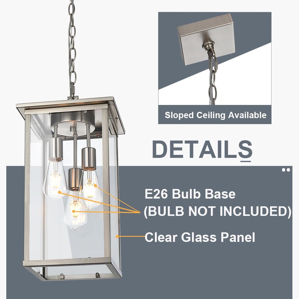 3-Lights Large Outdoor Pendant Light, Black Porch Ceiling Lighting Fixtures with Seeded Glass Panel, Exterior Hanging Lantern Adjustable Chain for Yard Entryway Patio