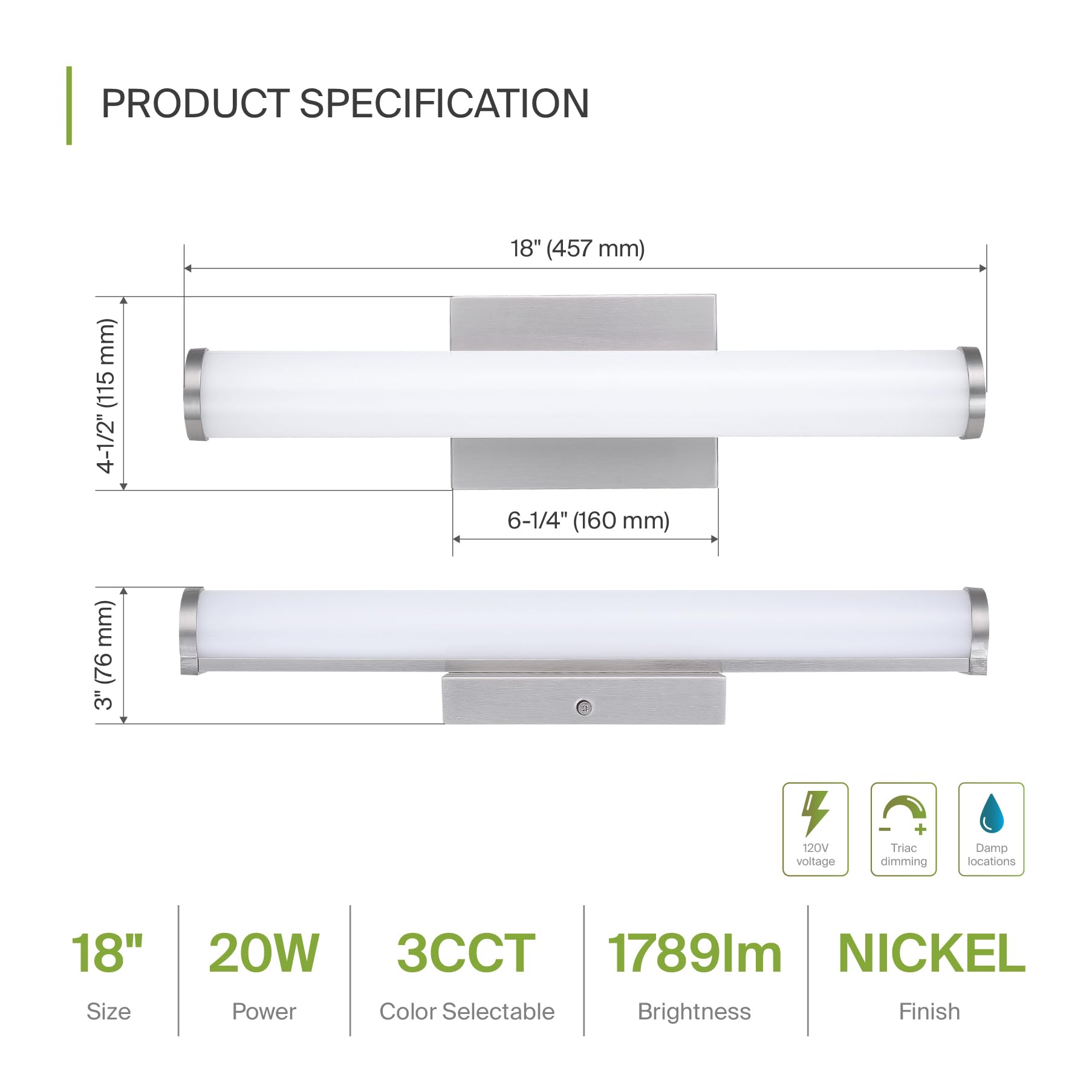 LED 18 Inch Wall Mount Vanity Lighting Fixture | 20W 1500LM 3000K-5000K 120V | 3CCT, Dimmable, Energy Star, ETL Listed | Bathroom Linear Light Bar, Long Tube Bath Sconce | Nickel