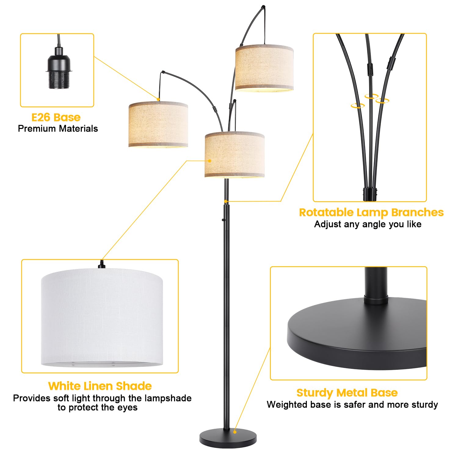 Dimmable Floor Lamp - 3 Lights Arc Floor Lamps for Living Room, 1000LM Modern Tall Standing Lamp with Beige Shades & Heavy Base, Mid Century Tree Floor Lamp for Bedroom Office, 3 LED Bulbs Included