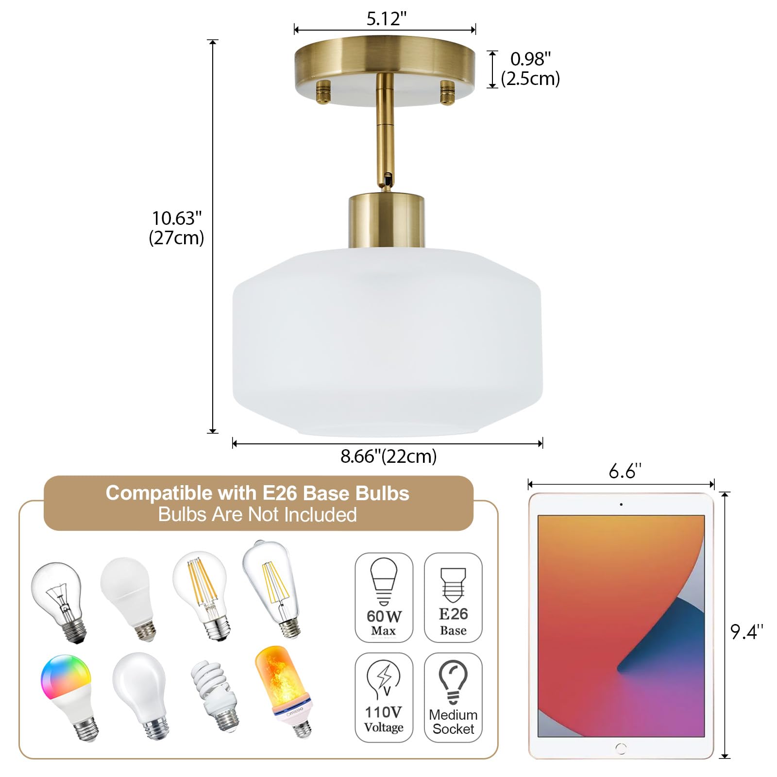 Semi Flush Mount Ceiling Light, 8.66" Clear Glass Shade, Brass Accent Socket, Modern Ceiling Light Fixture with Black Finish for Kitchen, Hallway, Entryway, Dining Room, Cafe, Bar