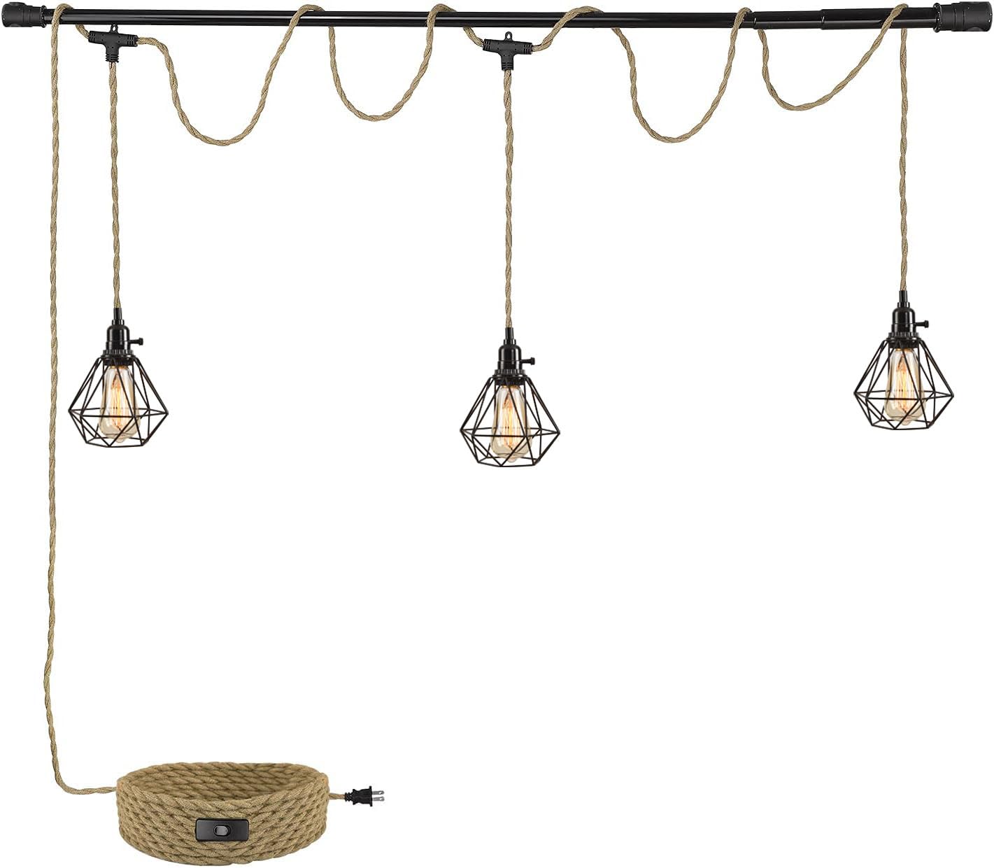 Triple Pendant Light with Plug in Pendant Light,22FT Industrial Hanging Lamp with Twisted Hemp Rope Independent Triple Switch Hanging Light Chandelier,Black Finish