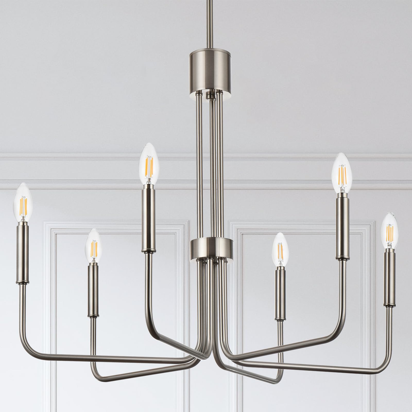 Modern Farmhouse Chandeliers for Dining Room, 6-Light Brushed Nickel Chandeliers, 28 Inch Dining Room Light Fixture Over Table, Adjustable Height