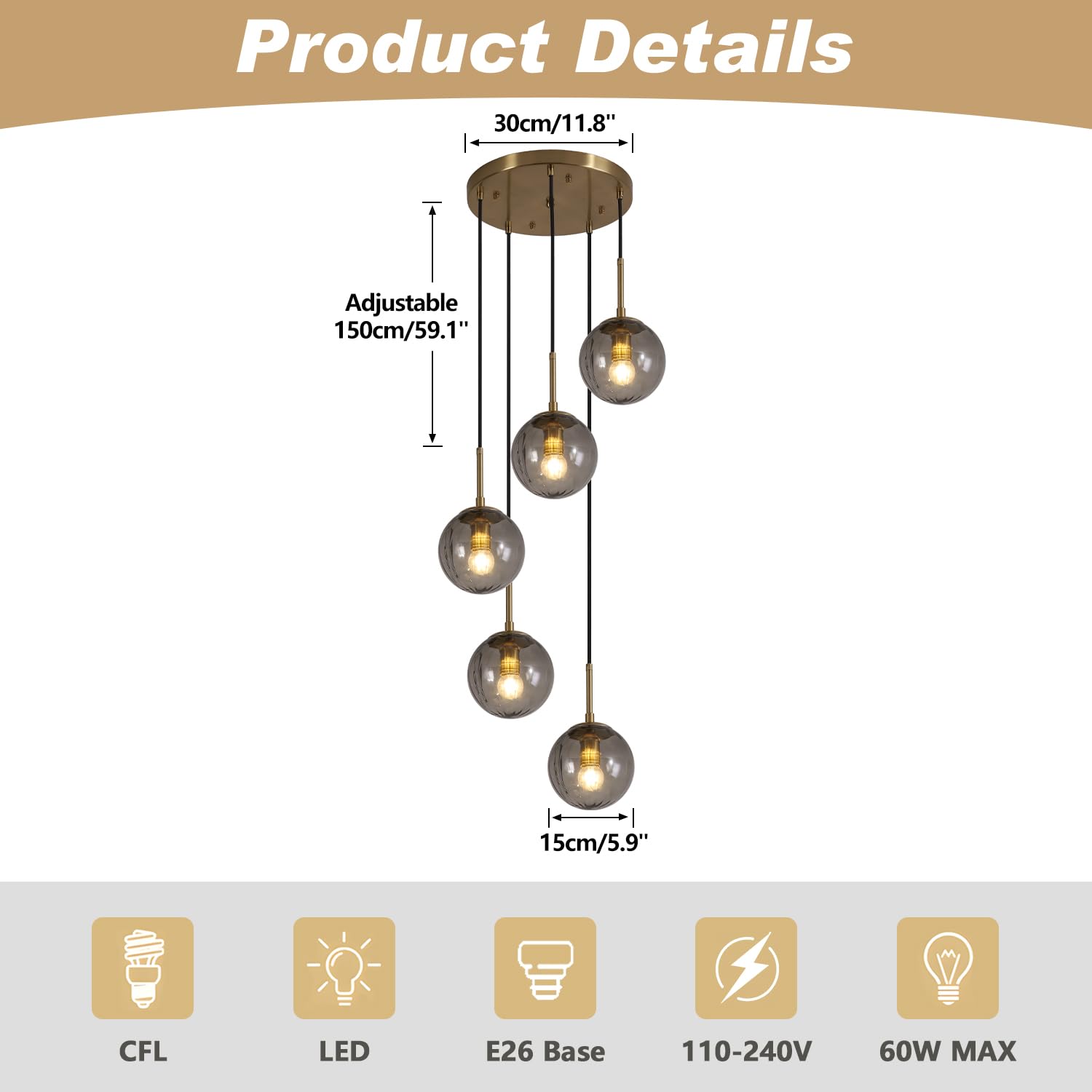 KCO Lighting Modern Gold 3 Light Hanging Pendant Light Large Smoke Glass Globe Cluster Chandelier Brush Brass Kitchen Island Light Fixture Nordic Multi Light Pendant Lighting