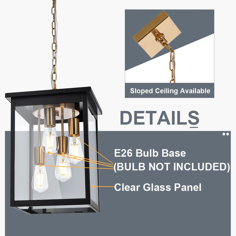 Large Outdoor Pendant Light Fixtures, 4-Lights Black Exterior Ceiling Hanging Lanterns with Clear Glass, Farmhouse Outdoor Chandelier for Front Door Entry Patio