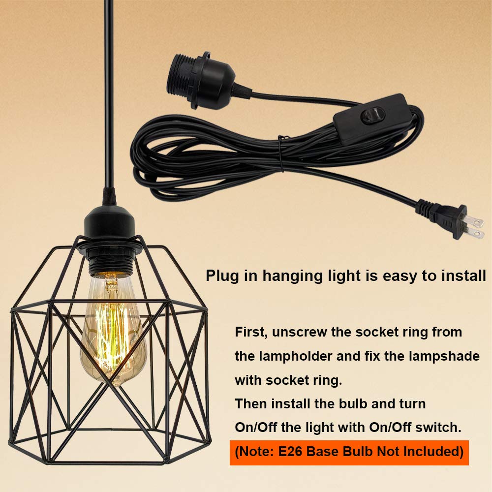 Industrial Plug in Pendant Light, Black Cage Pendant Light Fixture with On/Off Switch, E26 Socket Vintage Hanging Light, Farmhouse Pendant Lighting for Kitchen Living Room Dining Room